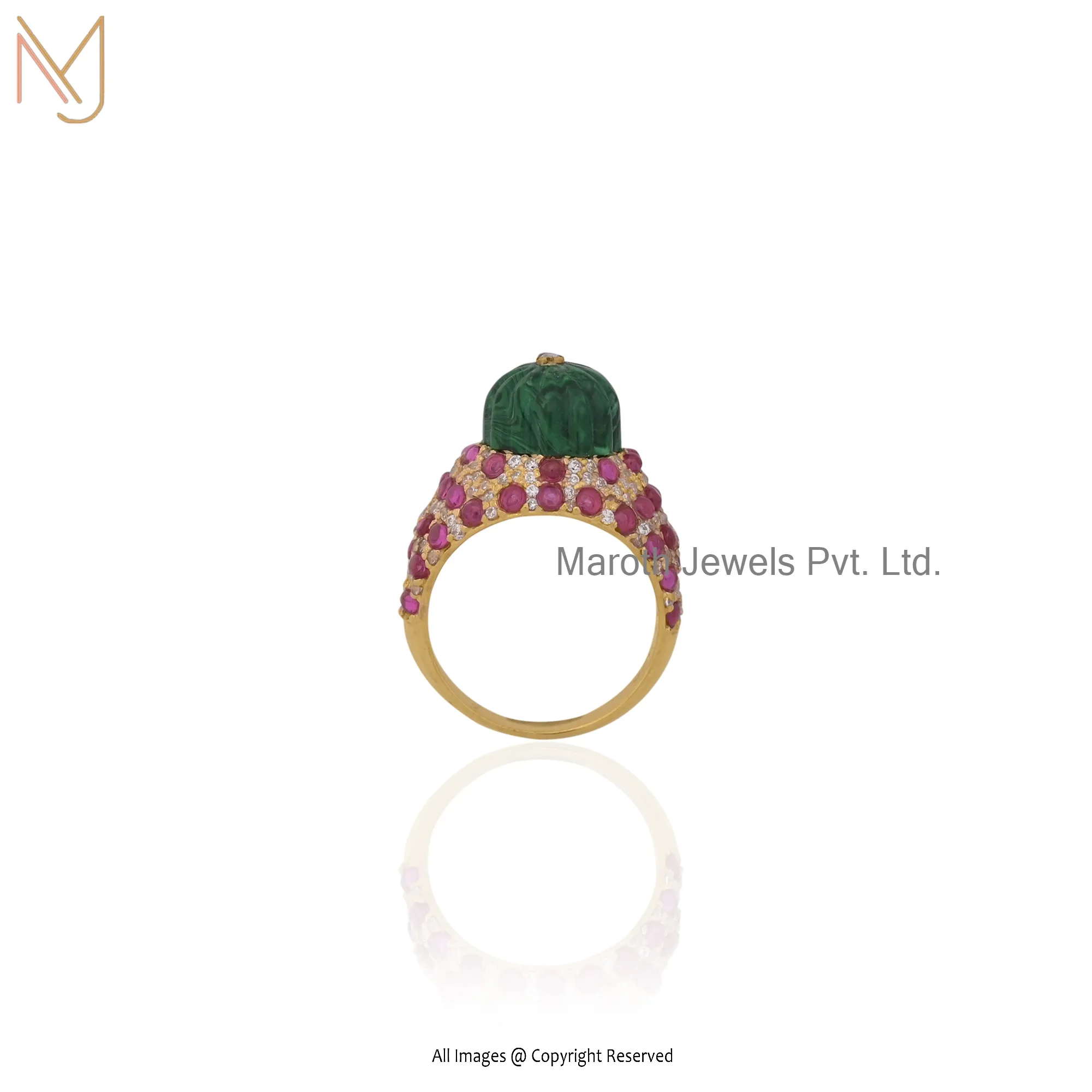 14K Yellow Gold Malachite Red White CZ Ring Custom Jewelry