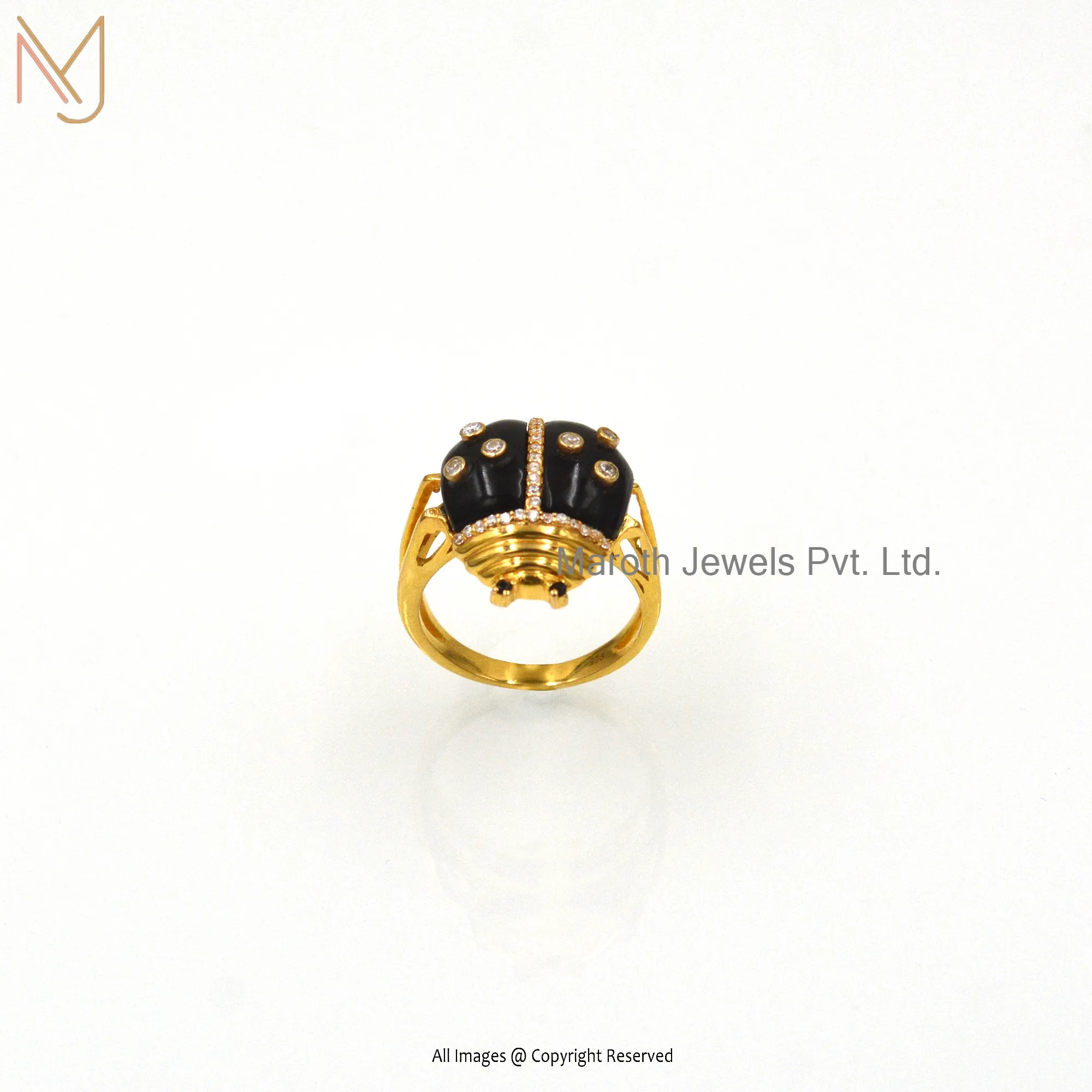 14K Yellow Gold Plated Black Onyx & White CZ Bug Ring Custom Jewelry