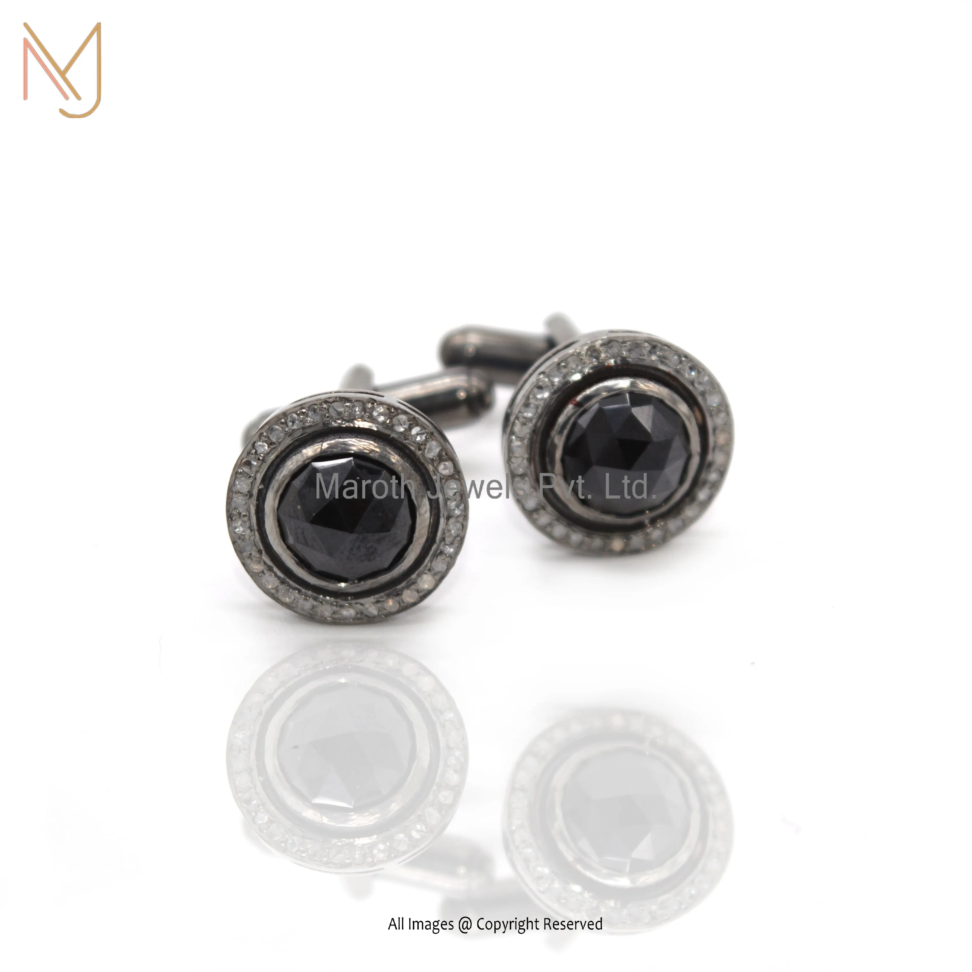 925 Silver Rhodium Plated Diamond, Black Spinel Gemstone Cufflink Jewelry Manufacturer