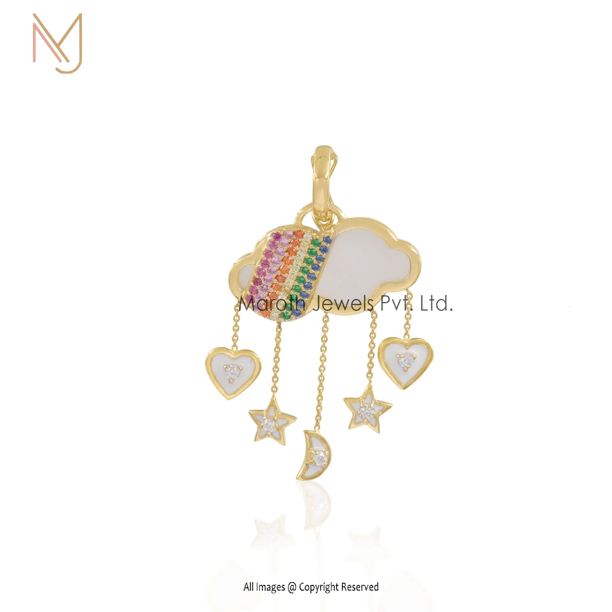 925 Silver Yellow Gold Moissanite Multi Gemstone & White Enamel Cloud Pendant Jewelry Supplier