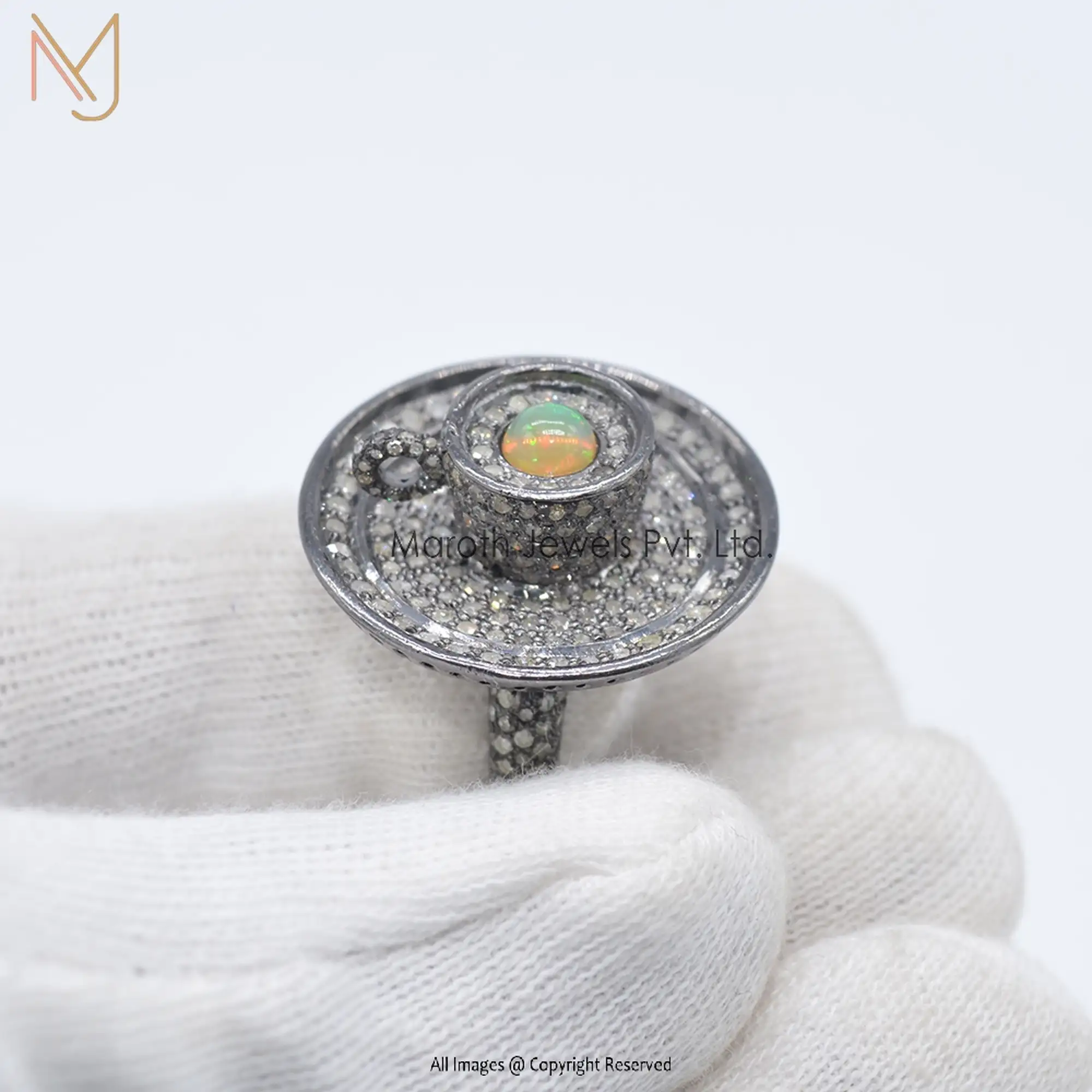 Wholesale 925 Silver Rhodium Plated Diamond & Opal Tea Cup Ring Jewelry