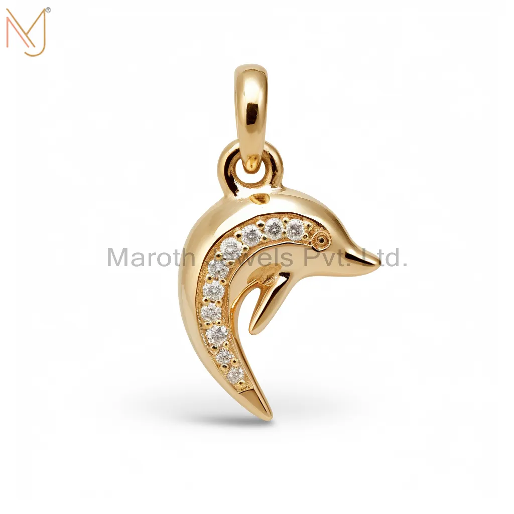 925 Sterling Silver Yellow Gold Plated Moissanite Dolphin Charm Pendant Custom Jewelry