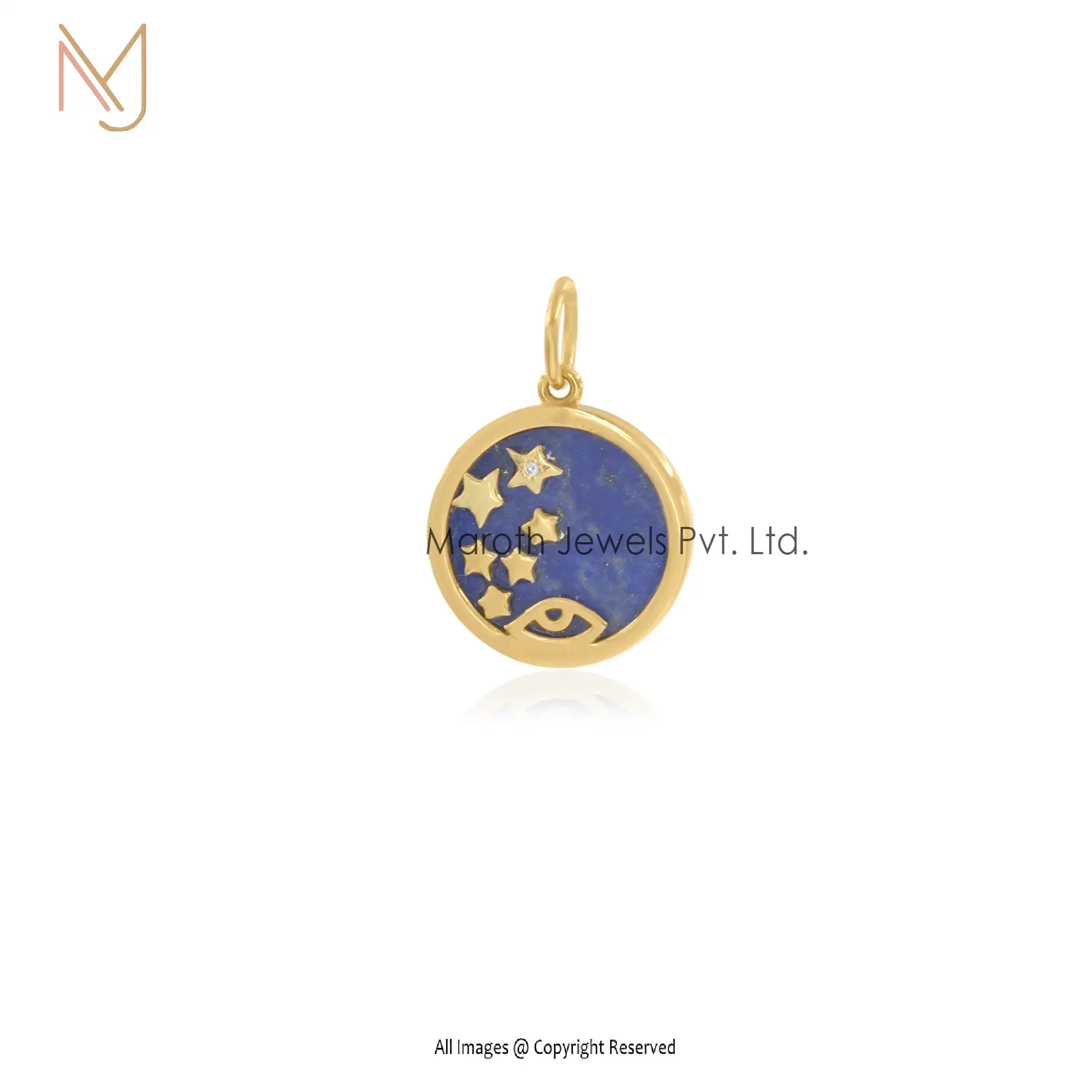 14K Yellow Gold & Lapiz Lazuli Gemstone Star Disc Pendant Custom Jewelry