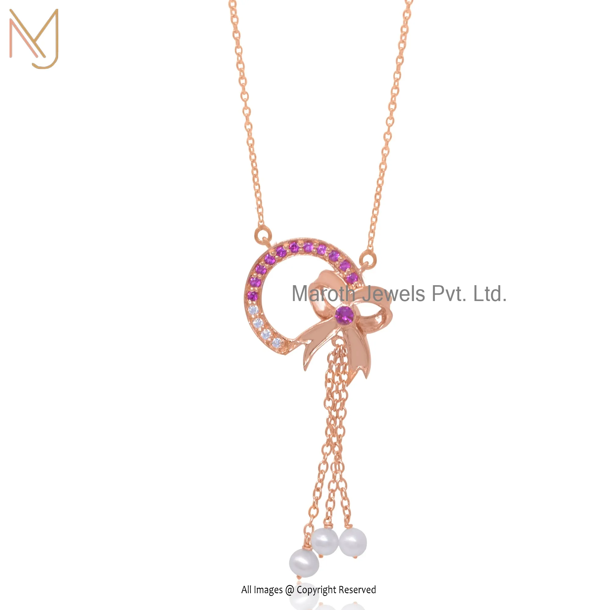 925 Silver Rose Gold Plated Pink CZ With Pearl Symbol Pendant Necklace USA