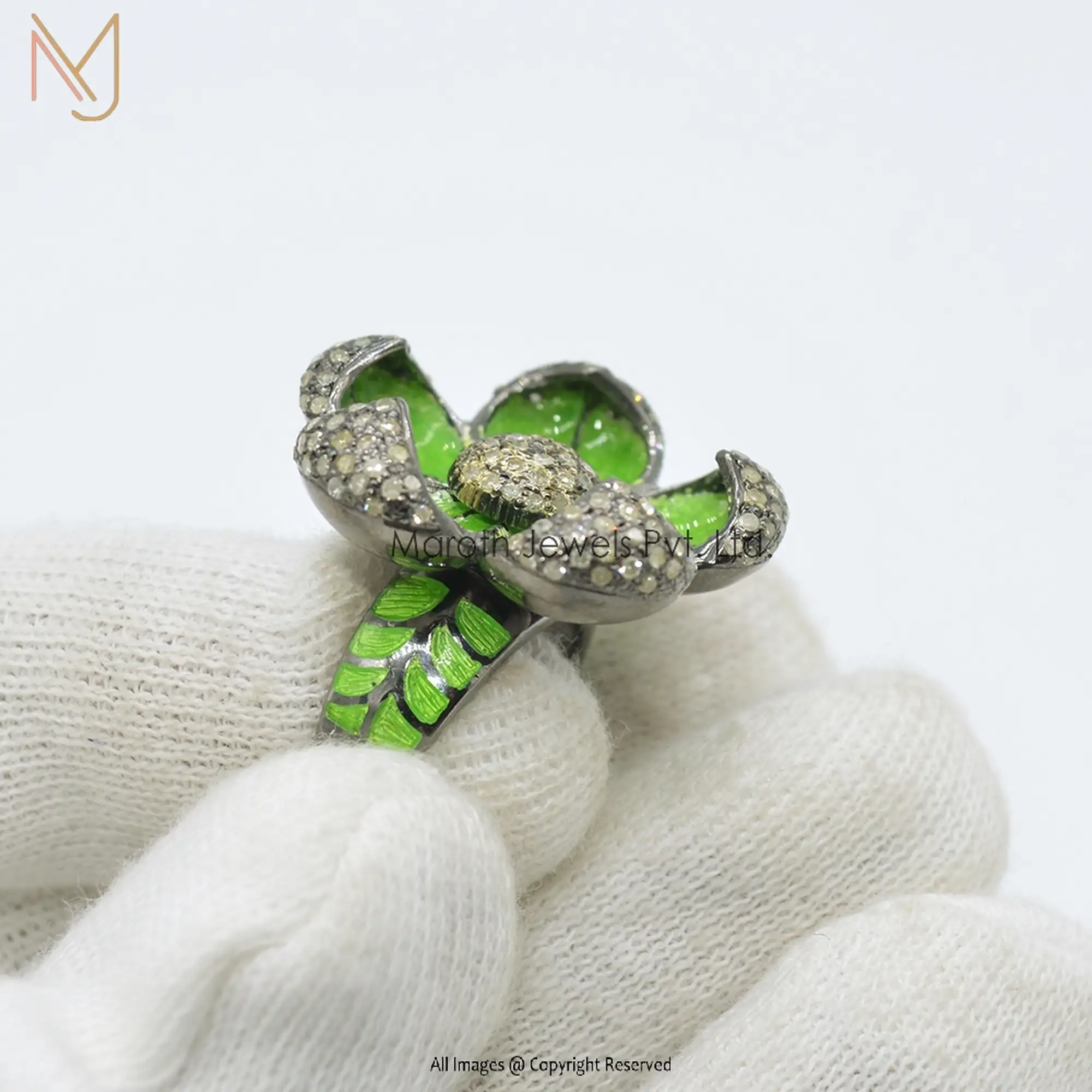 925 Silver Rhodium Plated Pave Diamond Enamel Flower Ring Manufacturer