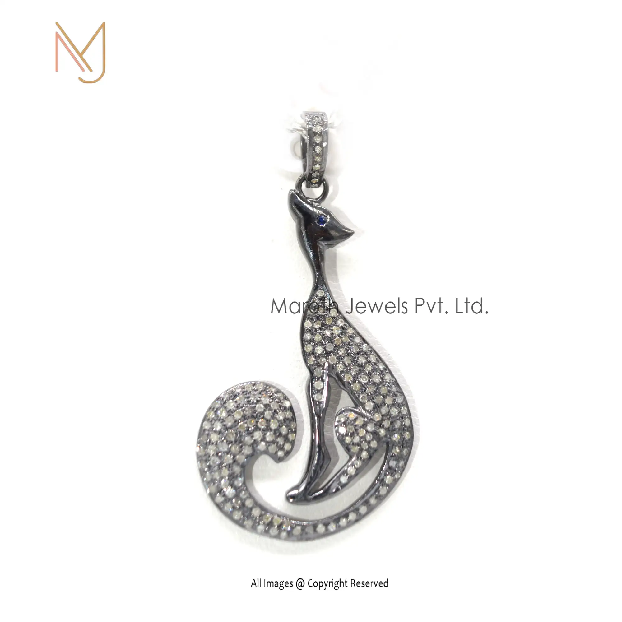 925 Silver Rhodium Plated Pave Diamond Blue Sapphire And Animal Design Pendant Jewelry USA