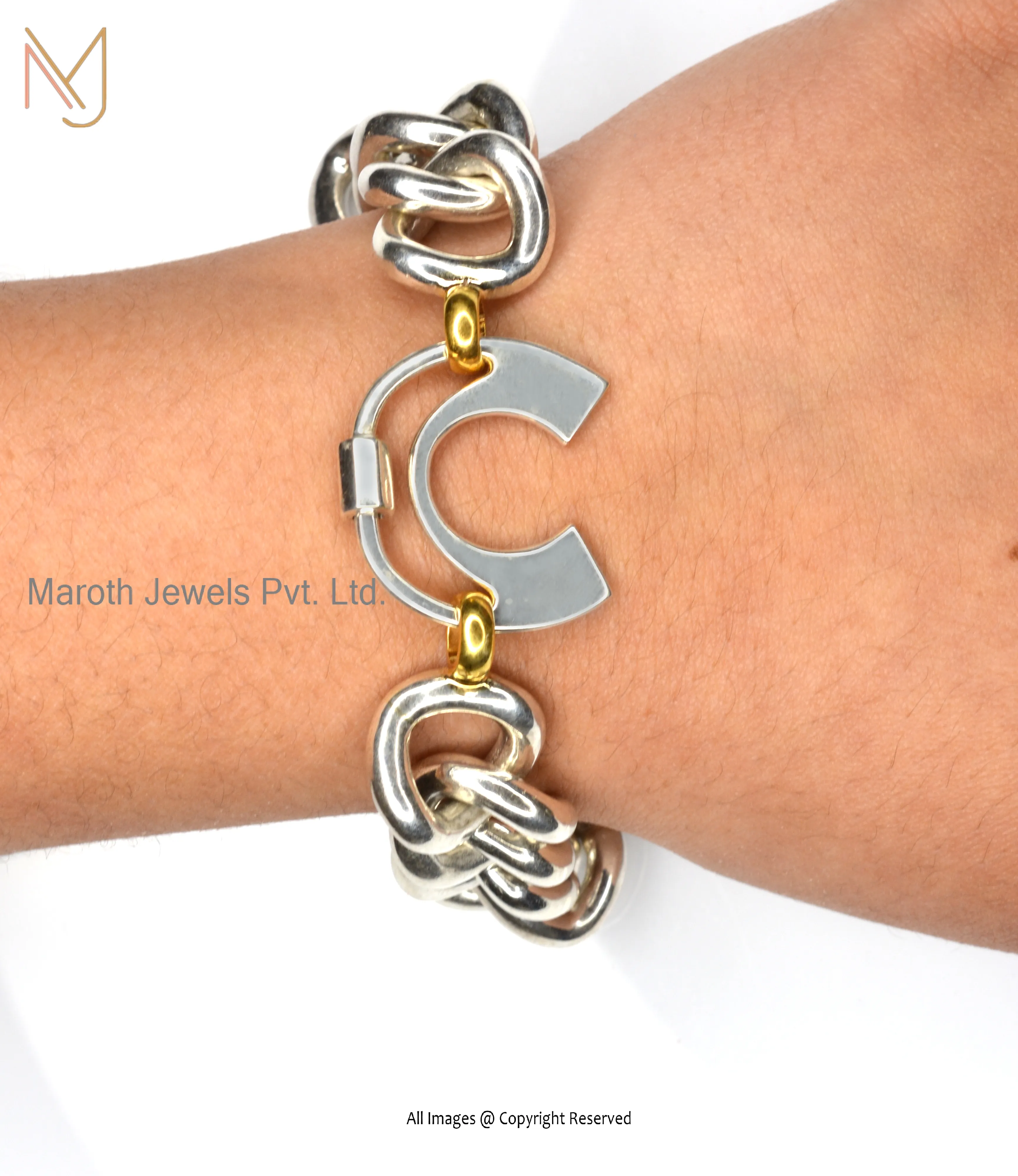 Private label 925 White Gold & Yellow Gold Plated C Letter Carabiner Lock Chain Bracelet