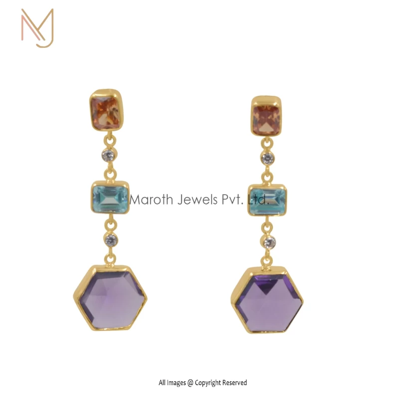 925 Silver Yellow Gold CZ Citrine Blue Topaz Amethyst Plated Synthic Gemstone Hoop Earrings Manufacturer