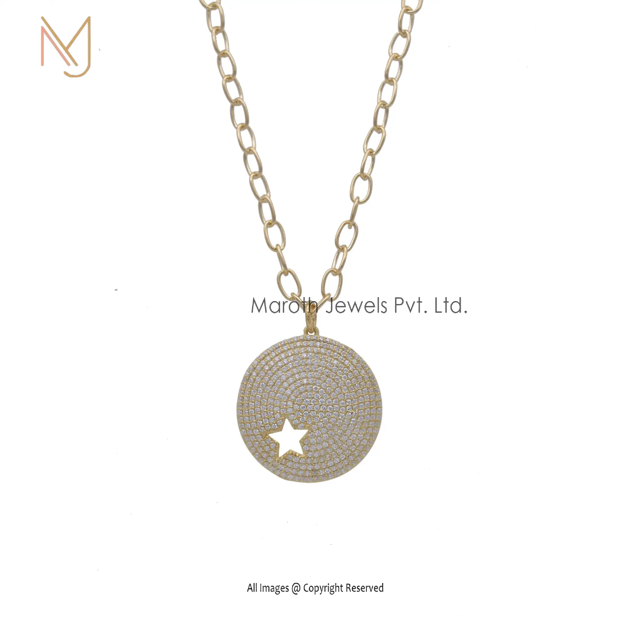 Private Lable 925 Silver Yellow Gold Solid Pave Diamond Star Disk Pendant Jewelry