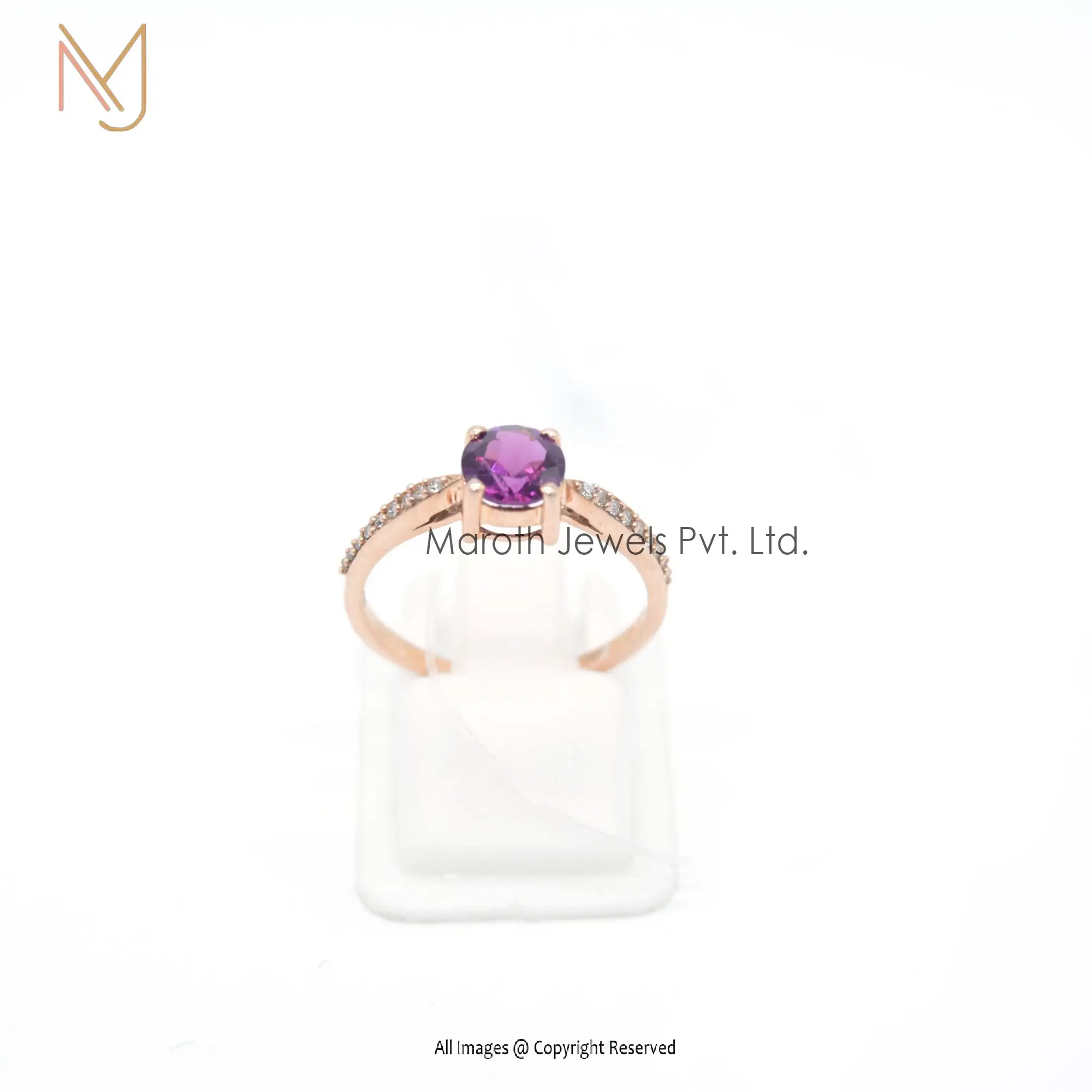 925 Silver Rose Gold Plated Pave Diamond Rhodolite Garnet Gemstone Ring Jewelry Manufacturer