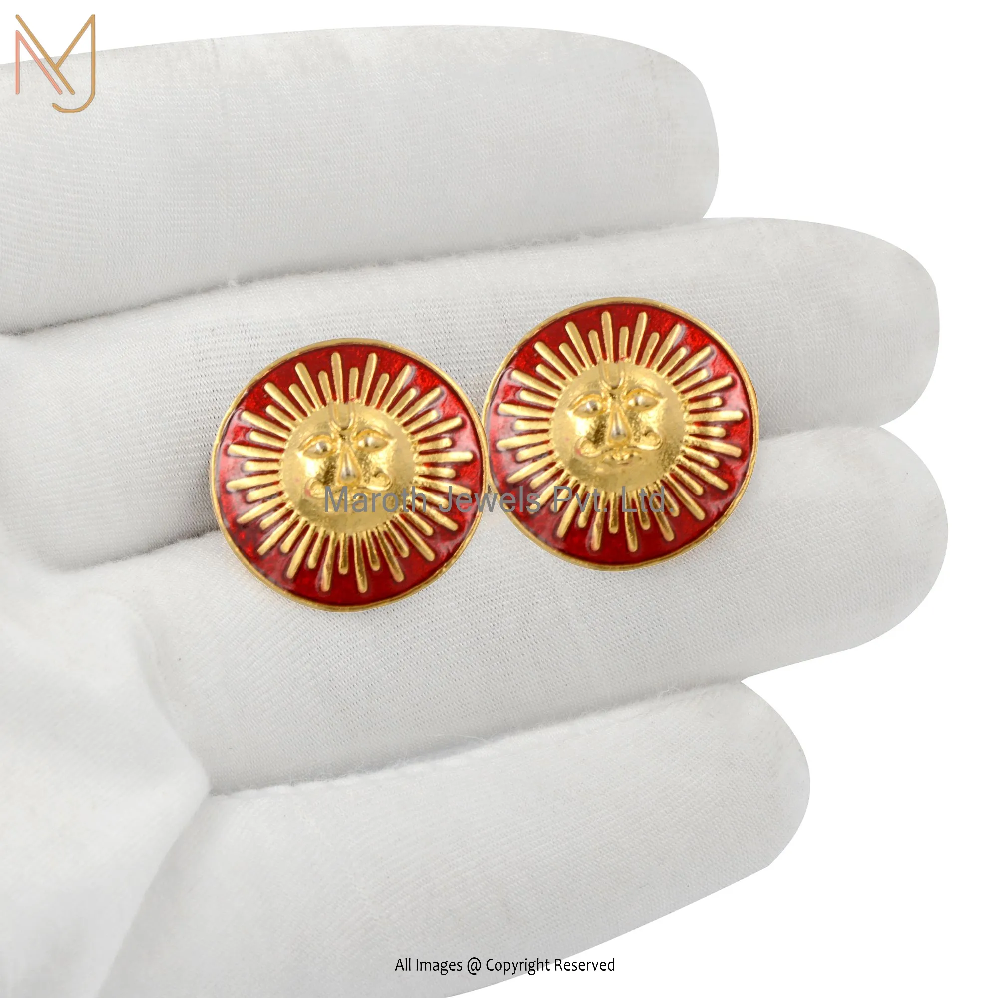 925 Sterling Silver Yellow Gold Plated Red Enamel Color Cufflinks Manufacturer