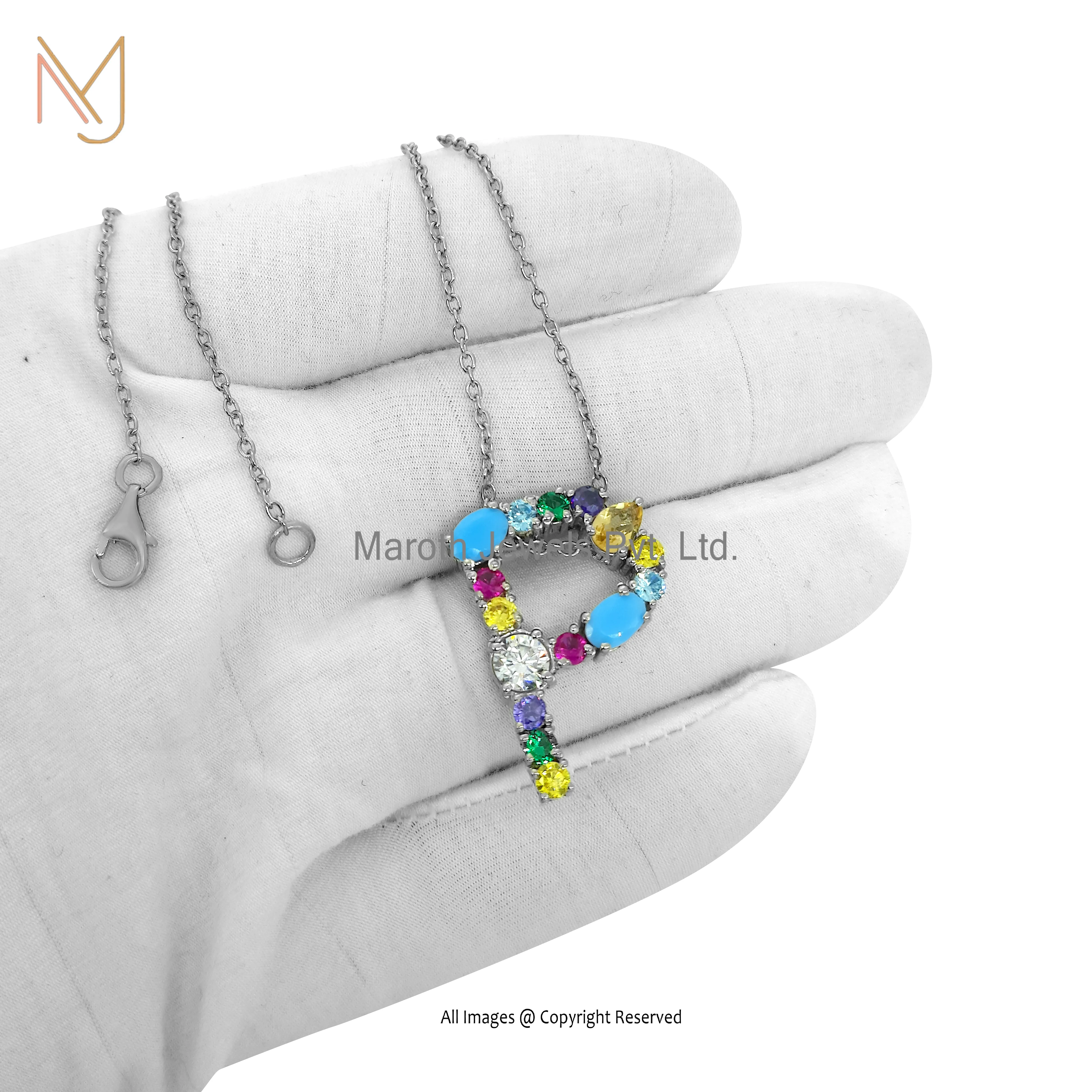 Wholesale 925 Silver White Gold Plated Multi Gemstone Letter P Pendant Necklace