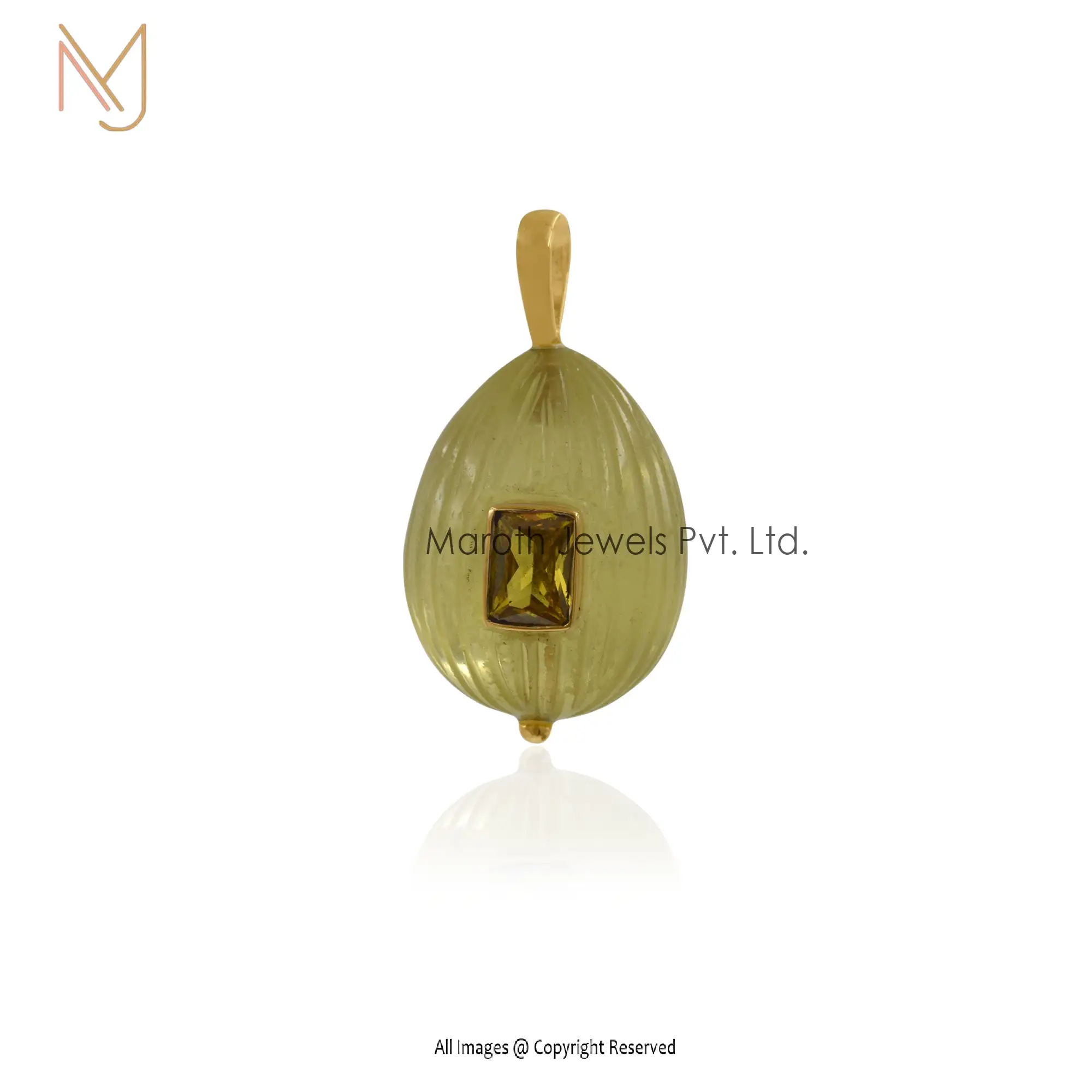 14K Gold Lemon Quartz Small Stone Yellow Topaz Stons Carved Drop Pendant Manufacturer