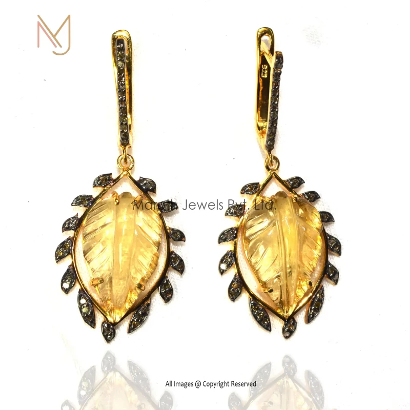 925 Silver Gold Plated Rhodium Pave Diamond, Citrine Gemstone Leaf Earring Custom Jewelry