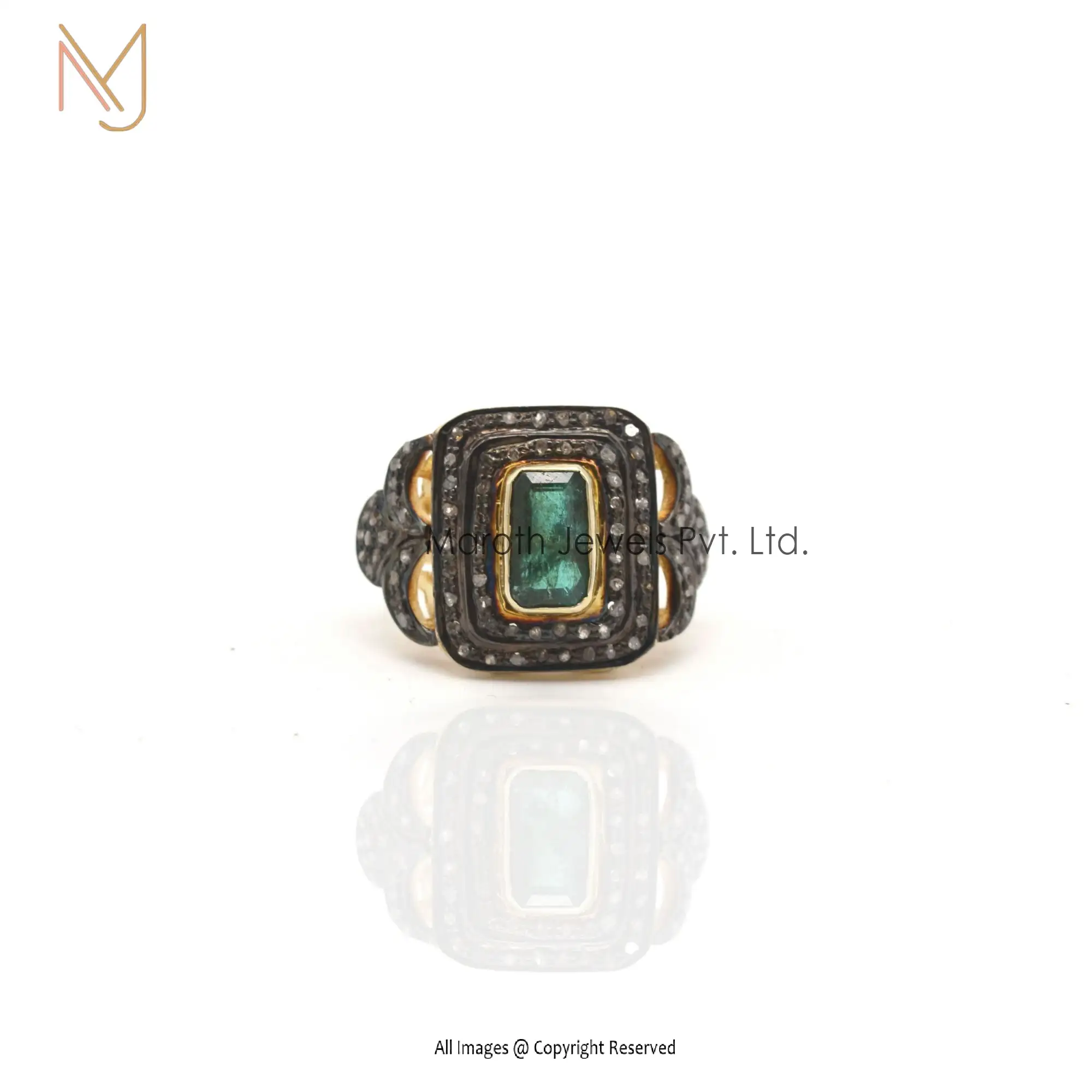 925 Silver Rhodium Yellow Gold Plated Pave Diamond Emerald Gemstone Ring Manufacturer