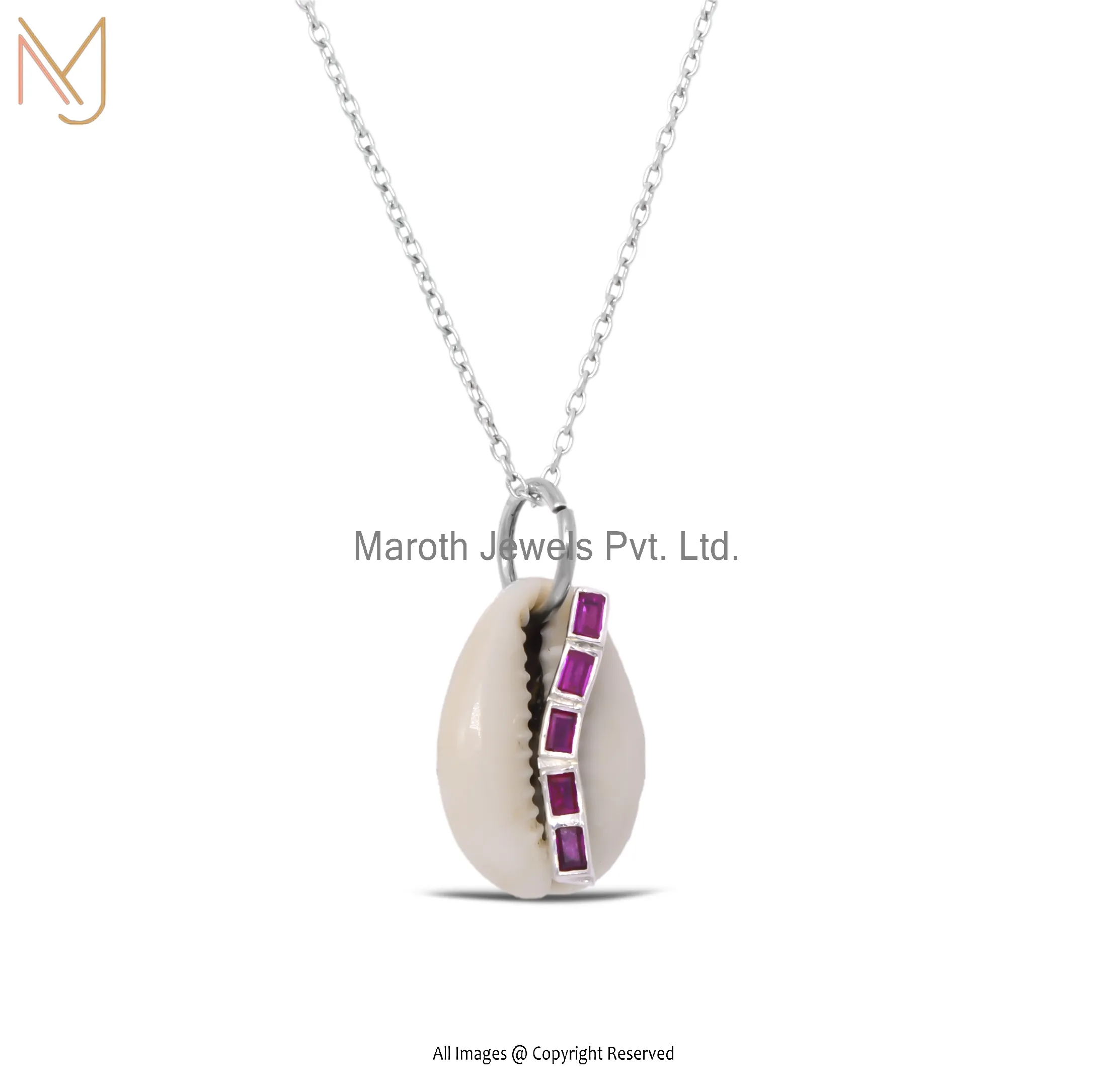 925 Silver White Gold Cowrie Shell Ruby Pendant Necklace Manufacturer