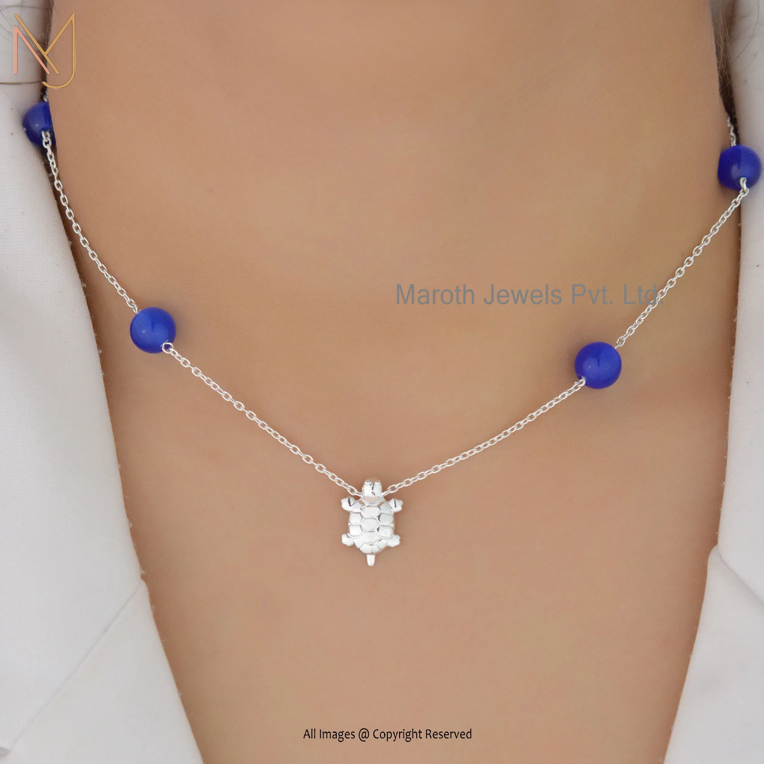 Wholesale 925 Natural Silver Blue CZ Thick Cable Chain Turtle Necklace