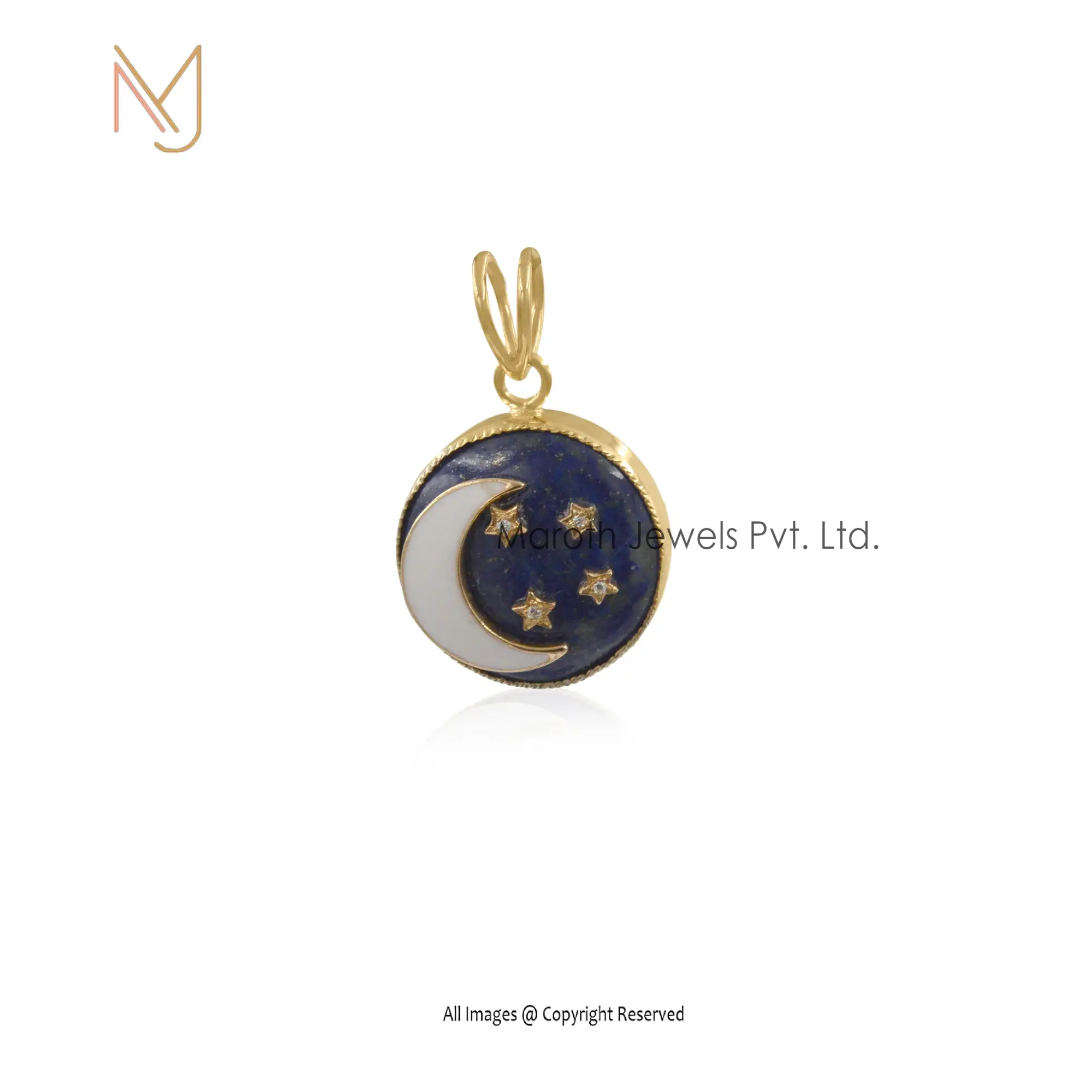 Wholesale 925 Silver Yellow Gold Lapis Lazuli & CZ Star Moon Disc Pendant Jewelry