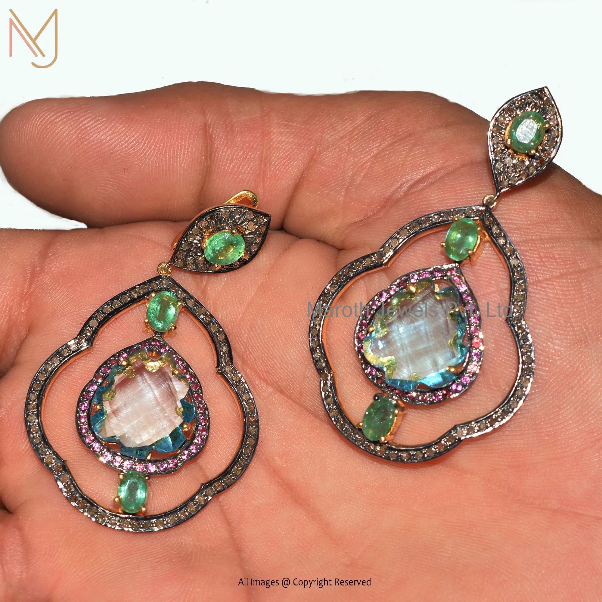 925 Silver Yellow Gold Plated Pave Diamond And Emerald Rudy & Blue Topaz Gemstone Drop Earring Jewelry USA