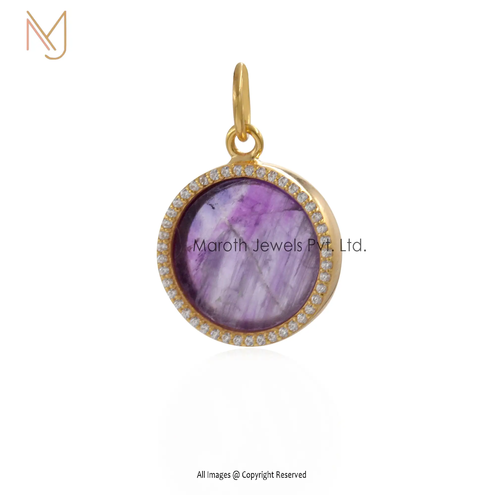 Wholesale 925 Silver Yellow Gold Amethyst & CZ Gemstone Disc Pendant Jewelry