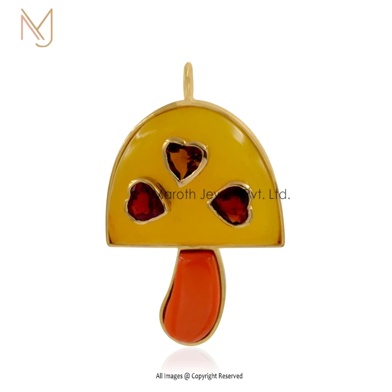 925 Silver Yellow Quartz with Synthic Coral and Natural Tourmaline Hearts Mushroom Pendant Manufacturer