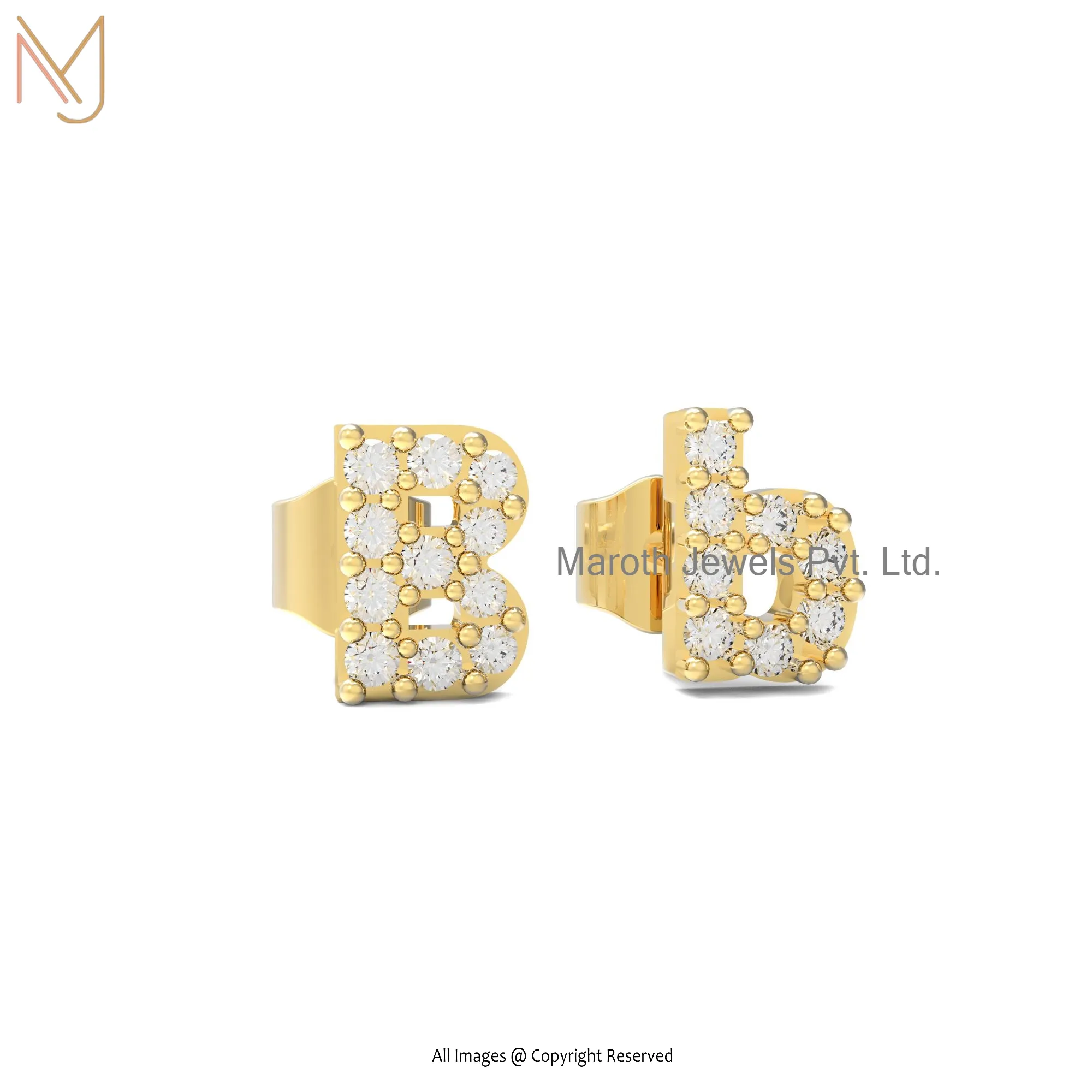 14K Gold Pave Diamond Letter Small B Stud Earring Manufacturer