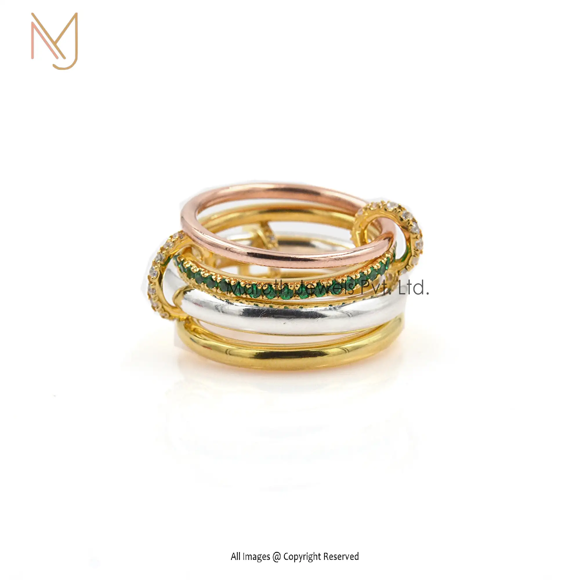 925 Silver Yellow Gold & Rose Gold Natural Silver Emerald CZ Connector Band Ring Jewelry Manufacturer