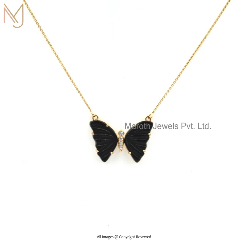 Wholesale 14K Yellow Gold Black Onxy And Cubic Zircon Butterfly Necklace Pendant