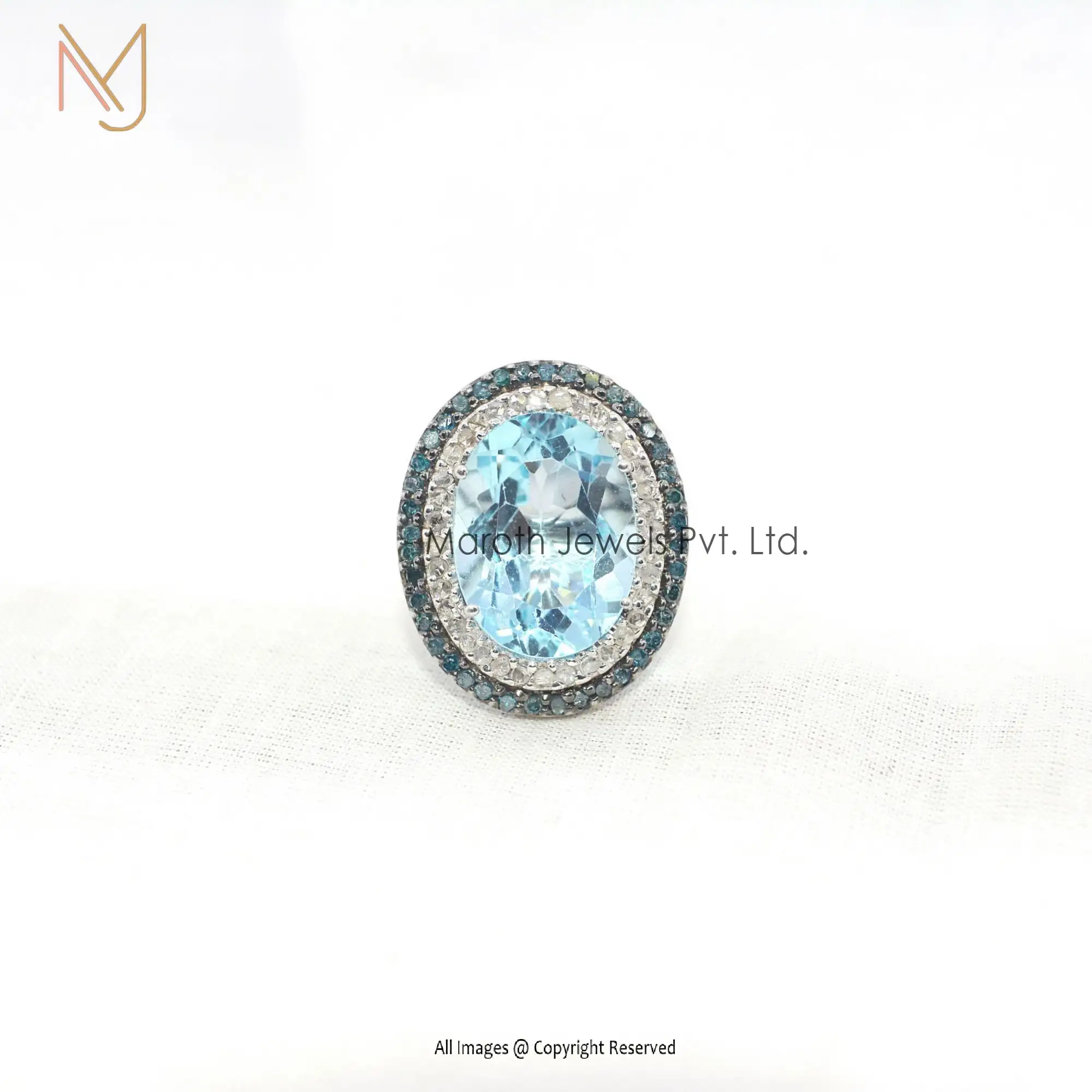 925 Silver Natural Silver Pave Diamond Sky Blue Tourmaline Ring Jewelry Manufacturer