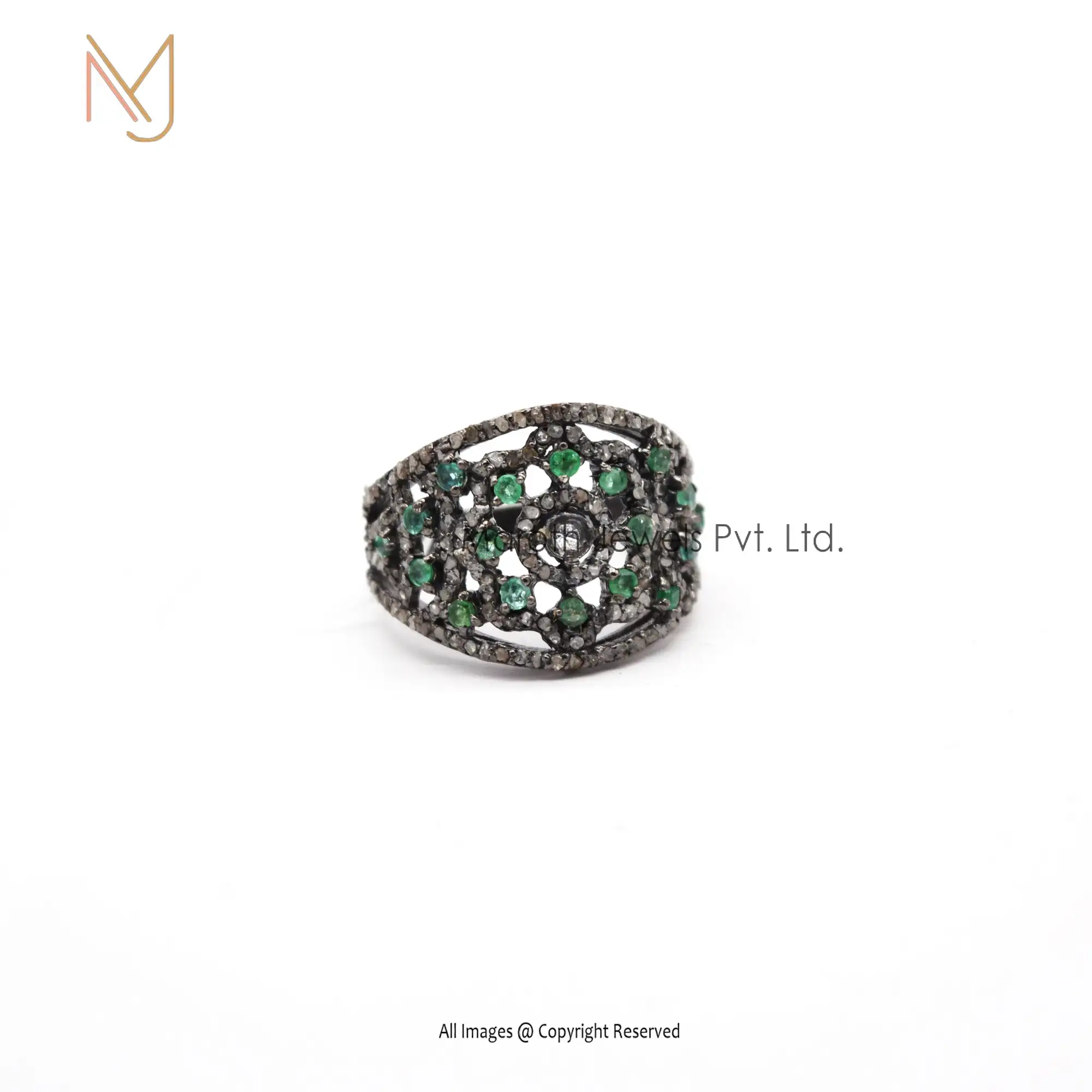 925 Silver Rhodium Plated Pave Diamond Emerald Gemstone Ring Manufacturer