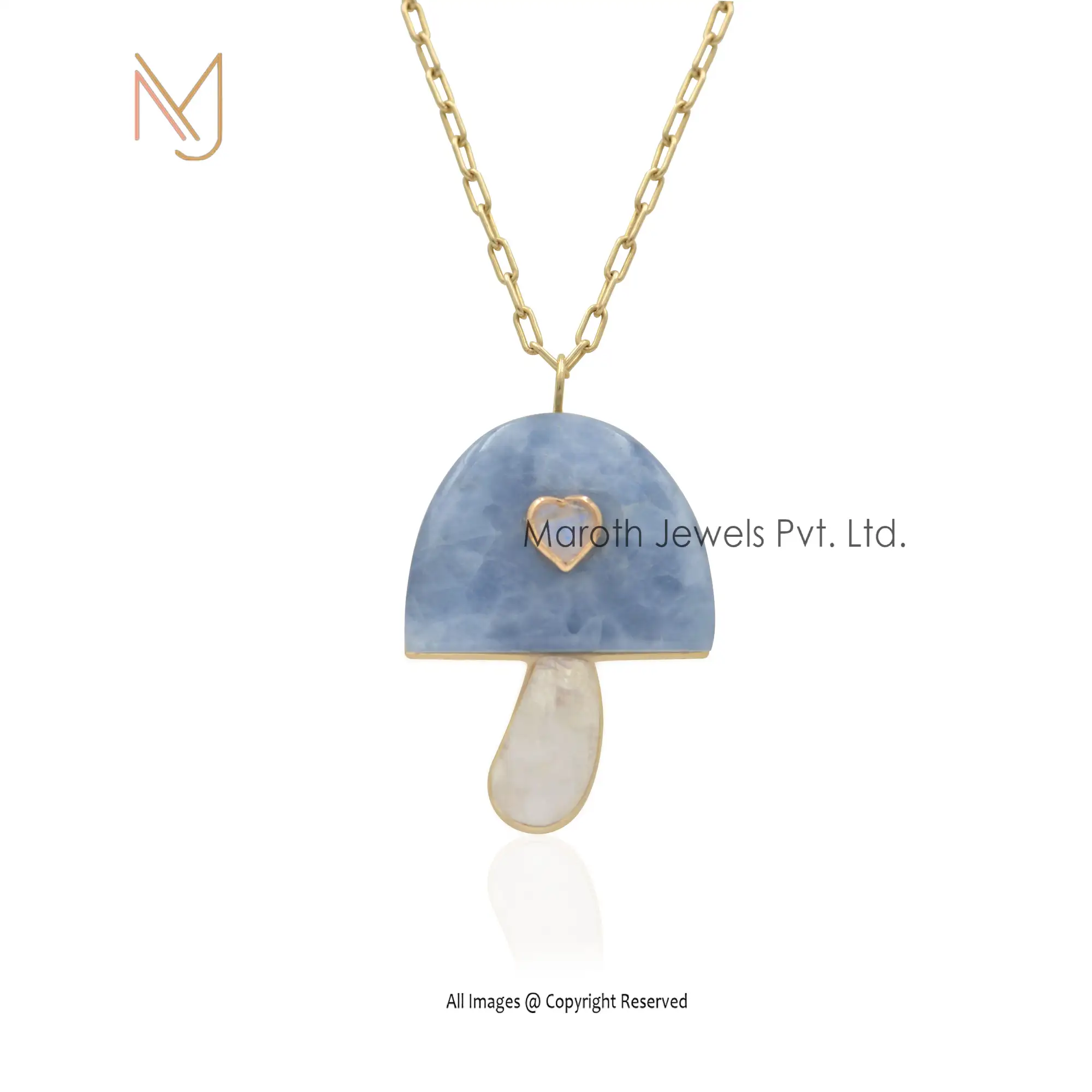 14K Yellow Gold Big Stone Blue Calcite & Small Stone Moonstone & Heart Stone Moonstone Mushroom Pendant Manufacturer