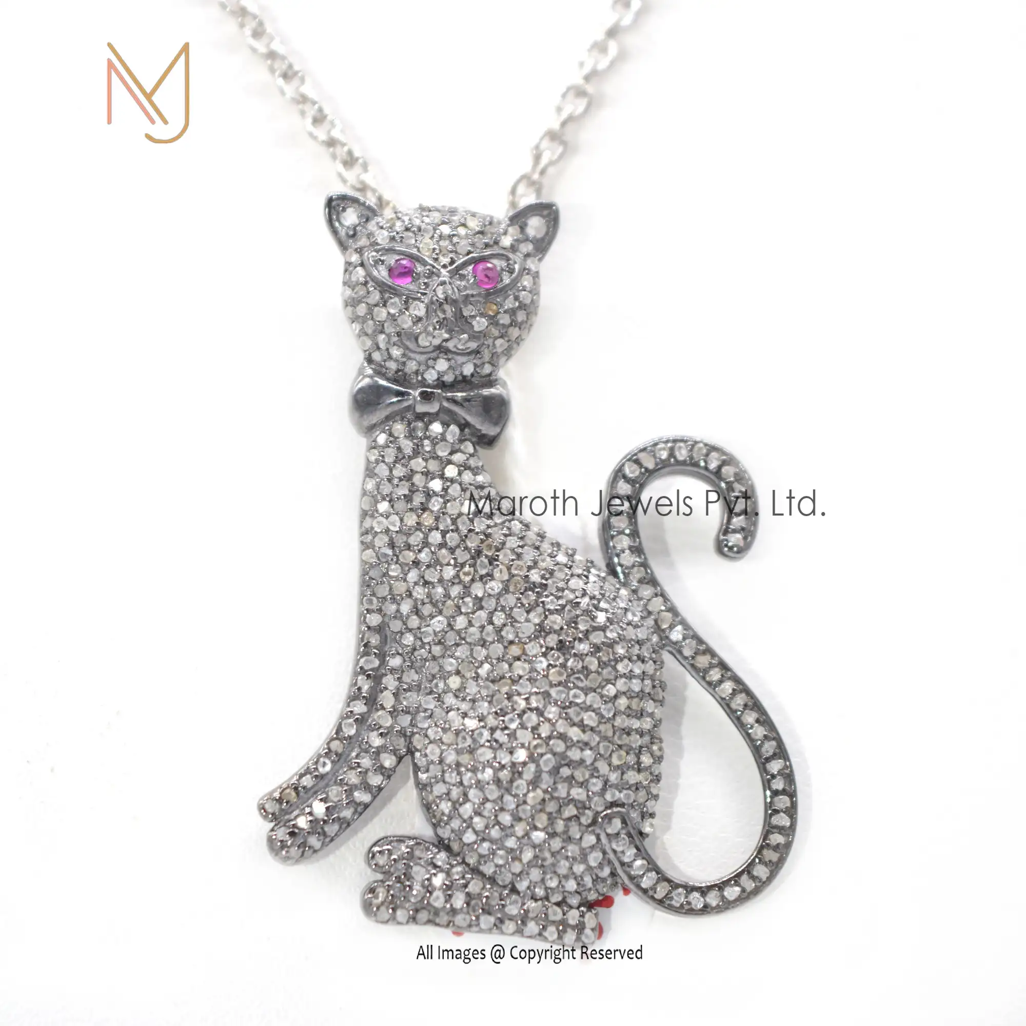 Private Lable 925 Silver Black Rhodium Ruby Gemstone Pave Diamond Designer Cat Pendant Jewelry