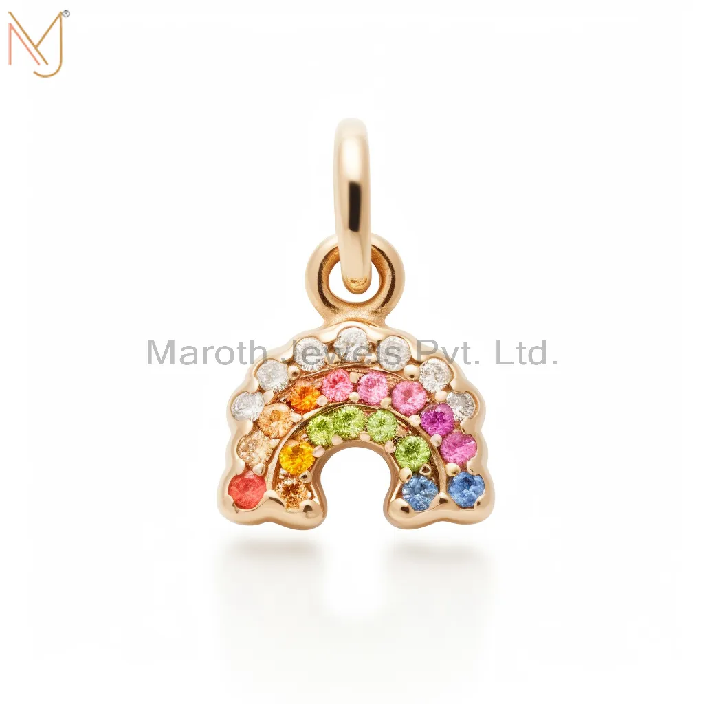 925 Sterling Silver Yellow Gold Plated Moissanite Rainbow Design Coconet Pendant Custom Jewelry