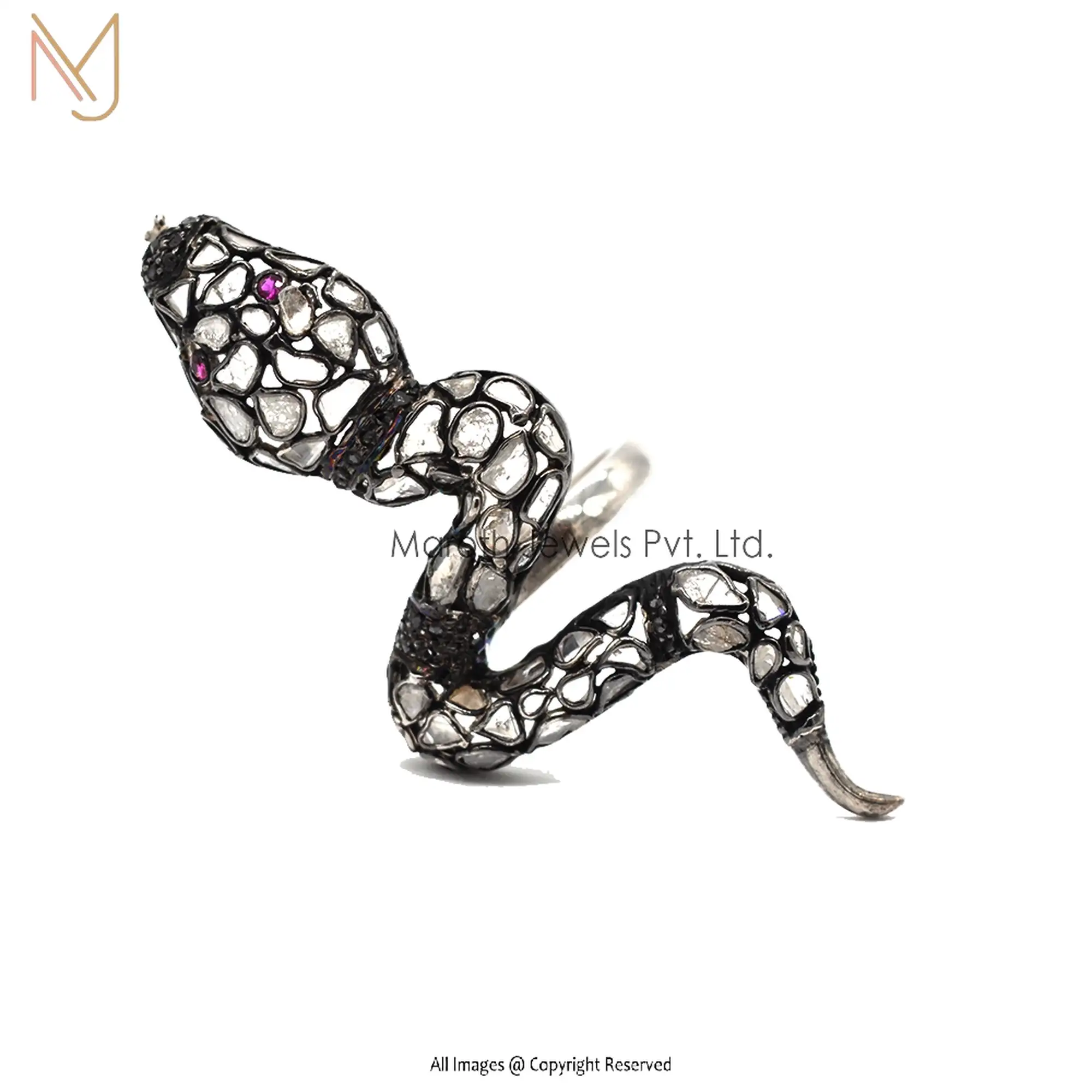 925 Silver Rhodium Plated Ruby Gemstone Rose Cut Diamond Snake Ring Manufacturer