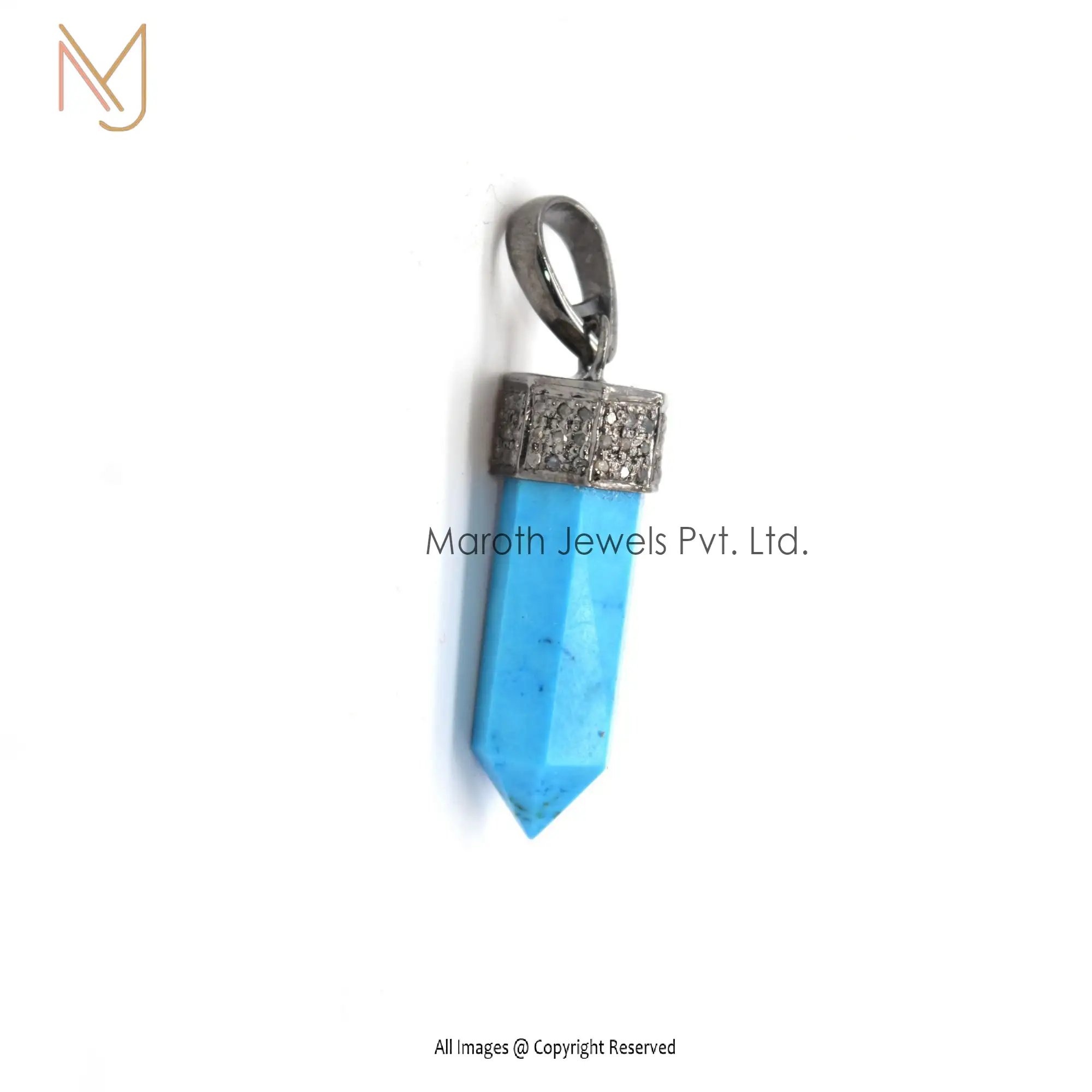 925 Sterling Rhodium Silver Pave Diamond Turquoise Gemstone Pencil Pendant Jewelry Supplier