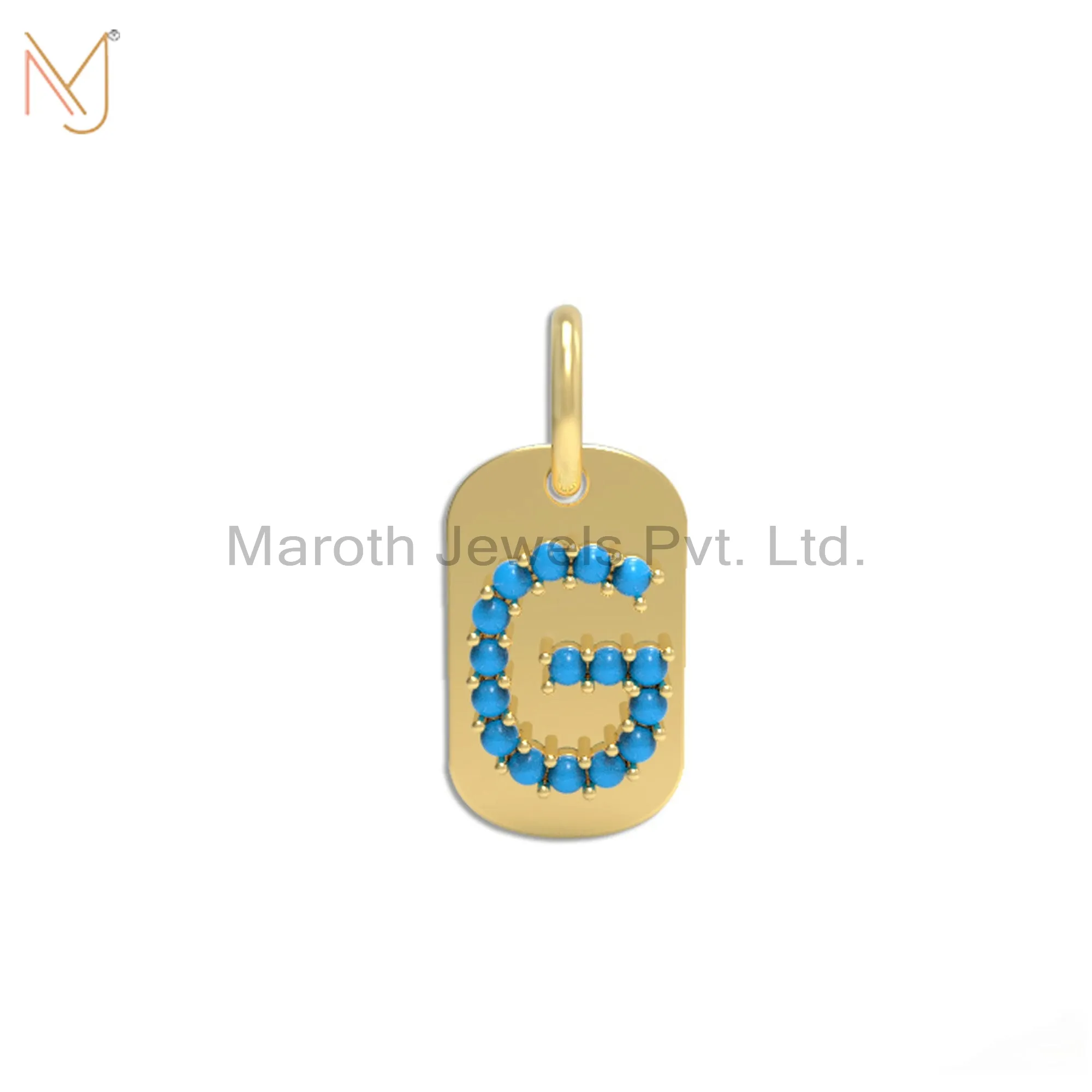 14K Yellow Gold Plated Turquoise Gemstone G Letter Dog Tag Custom Jewelry