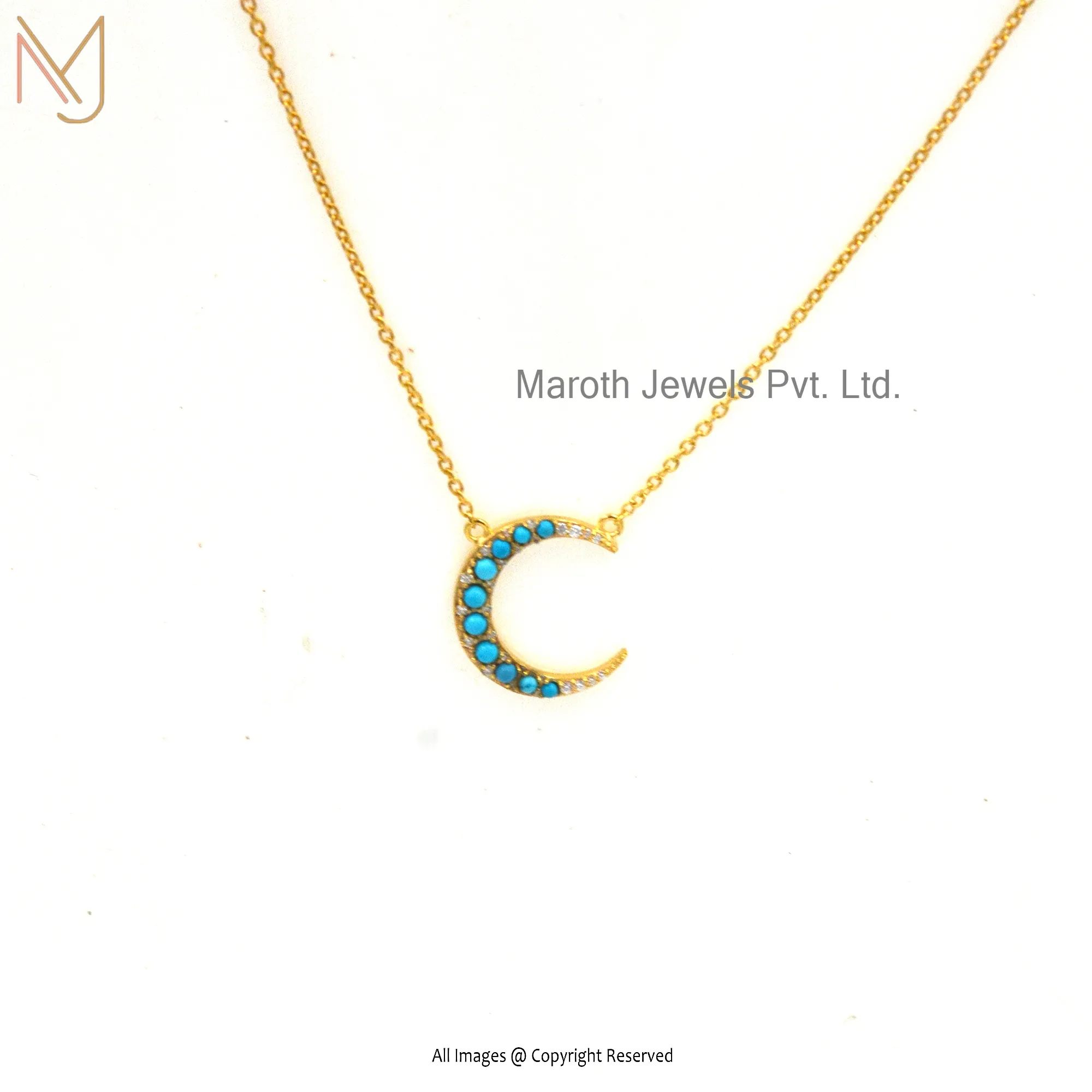 925 Sterling Silver Yellow Gold Turquoise & Moissanite Half Moon Necklace Manufacturer