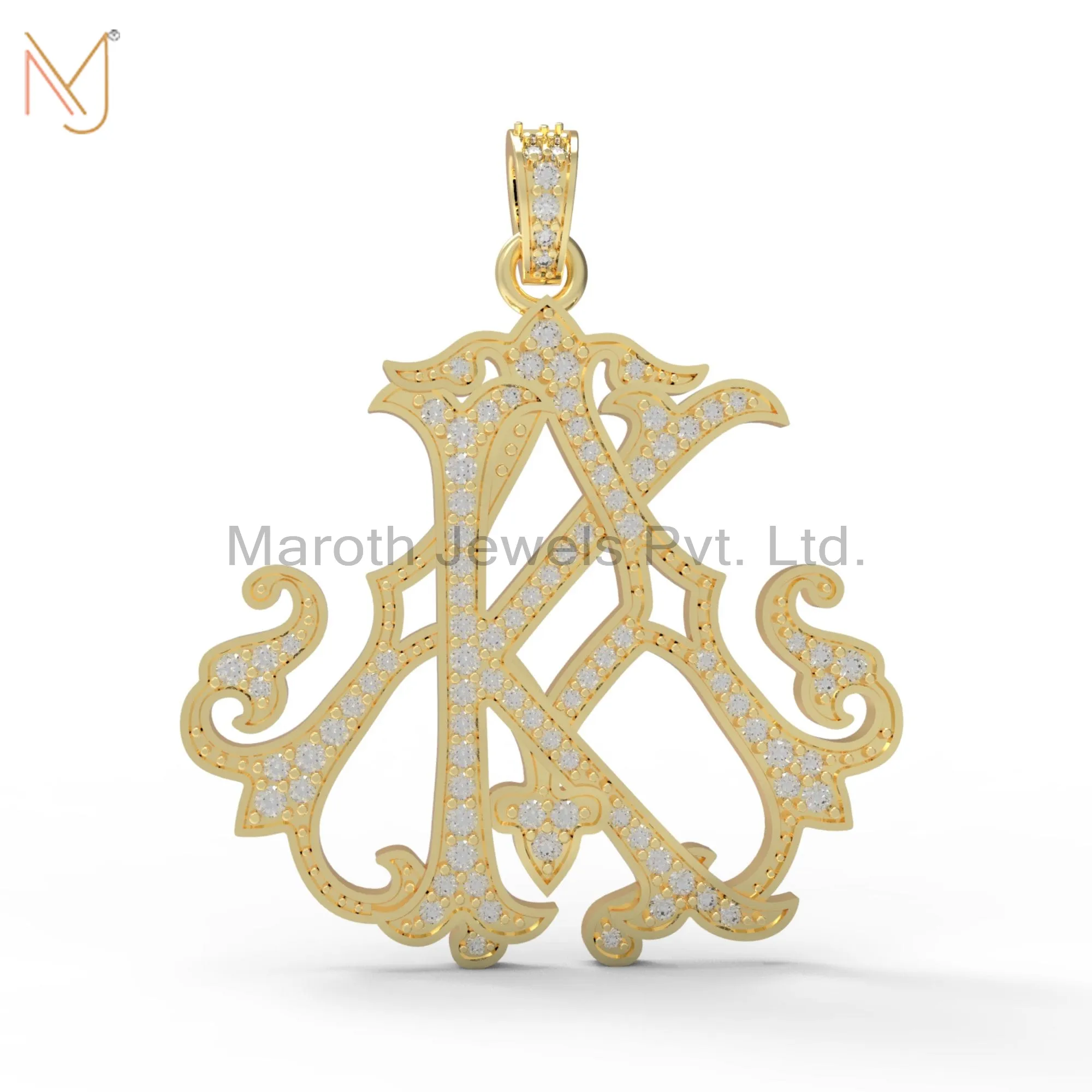 14K Yellow Gold Pave Diamond AK Monogram Pendant Handmade Jewelry Manufacturer