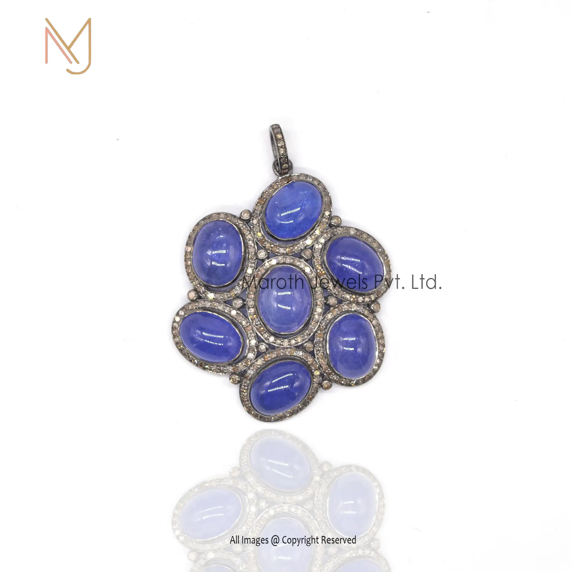 925 Sterling Silver Rhodium Pave Diamond Tanzanite Pendant Custom Jewelry