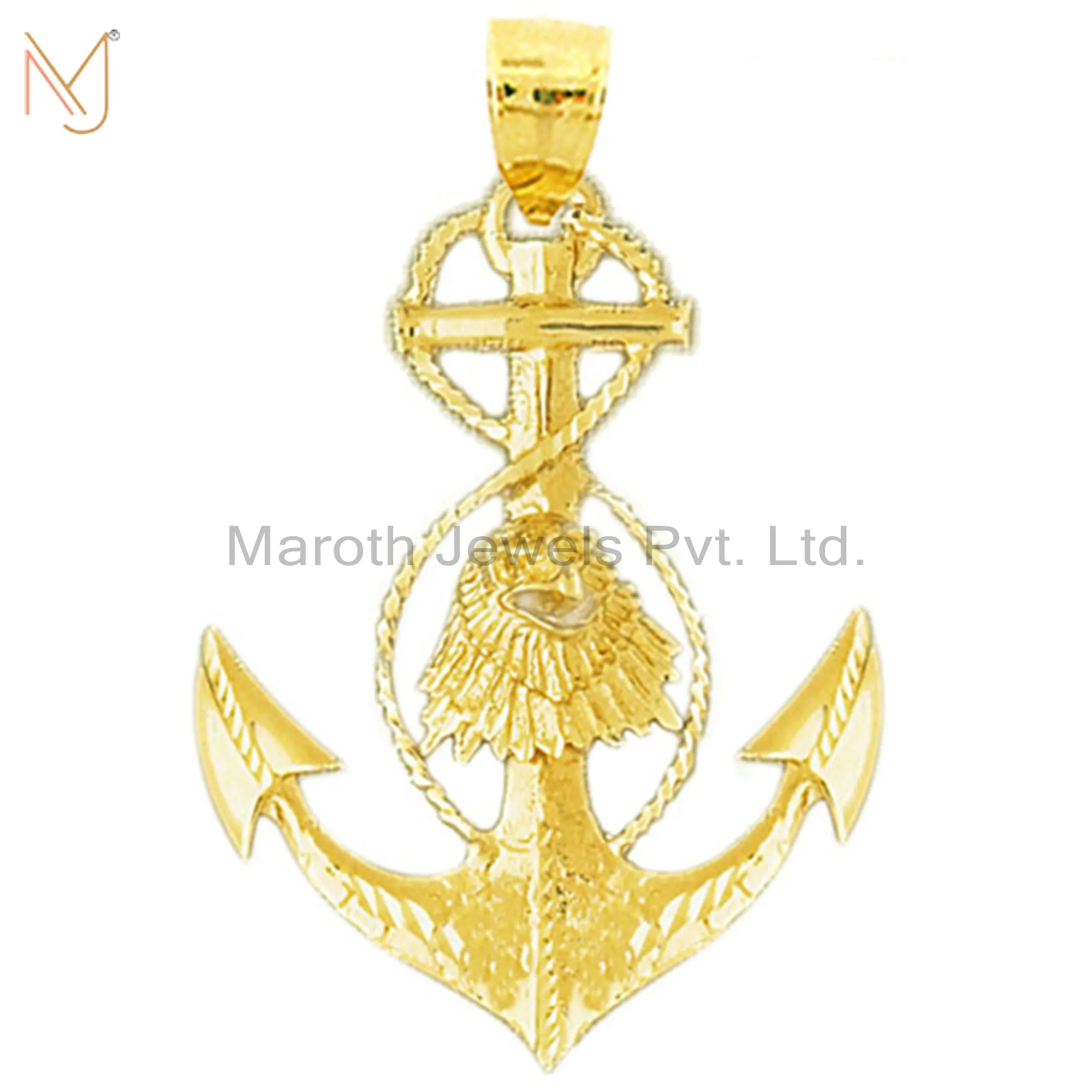 925 Sterling Silver Yellow Gold Plated Eagle Head On Anchor Charm Pendant Jewelry Manufacturer