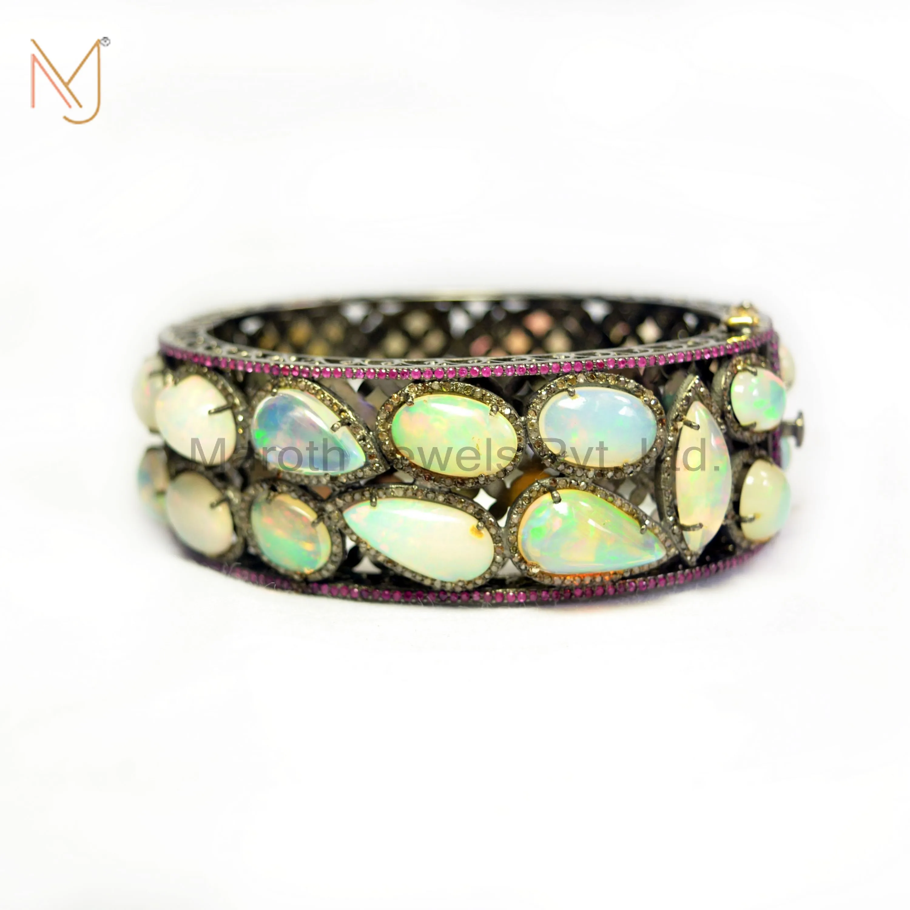 925 Silver RH Pave Diamond Ruby Gemstone & Opal Gemstone Bangle Custom Jewelry