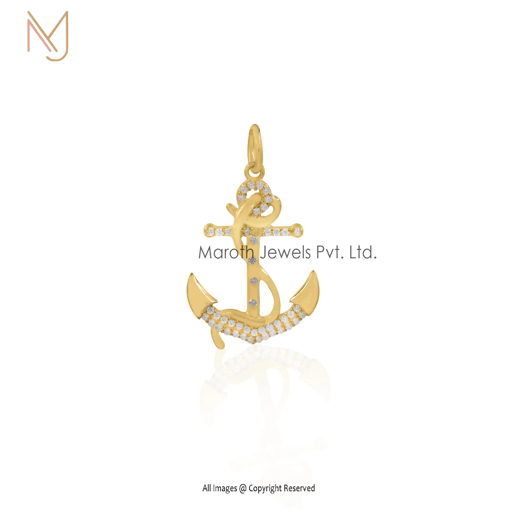 925 Silver Yellow Gold Cubic Zircon Anchor Religious Pendant Manufacturer