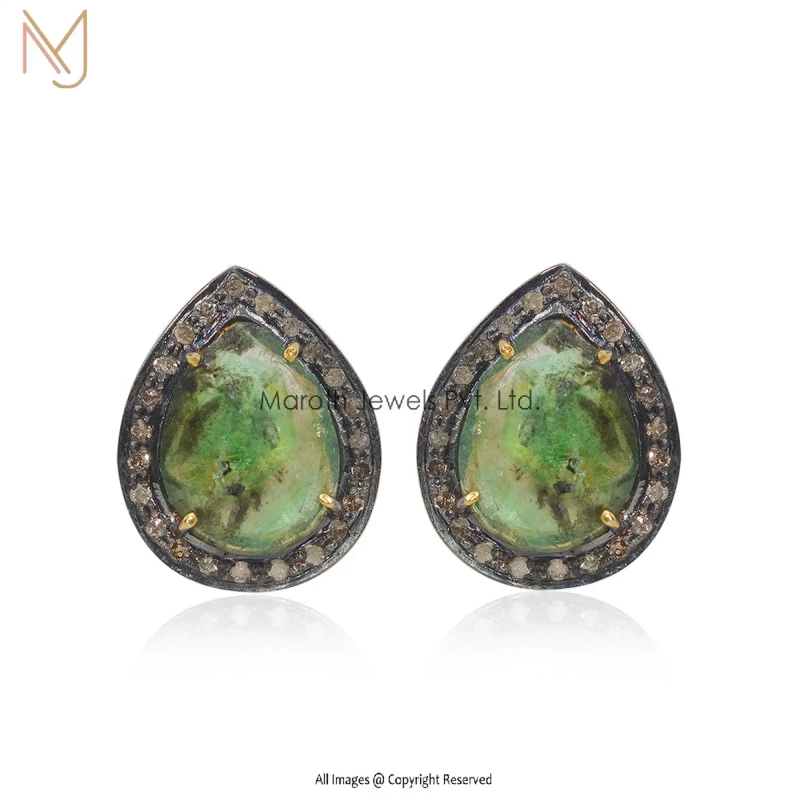 925 Silver Yellow Gold Rhodium Plated Pave Diamond Emerald Stud Designer Earring Jewelry Supplier