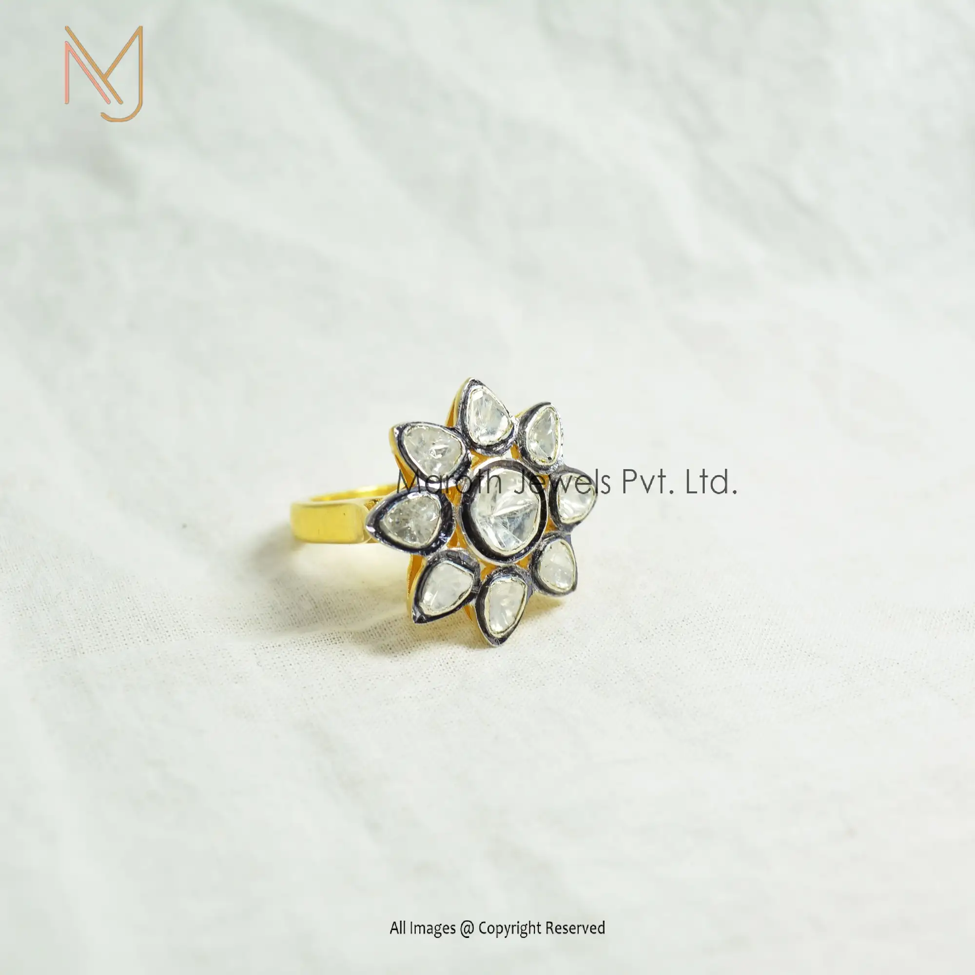 925 Silver Yellow Gold Sun Flower Victorian Rose Cut Diamond Ring Jewelry Manufacturer