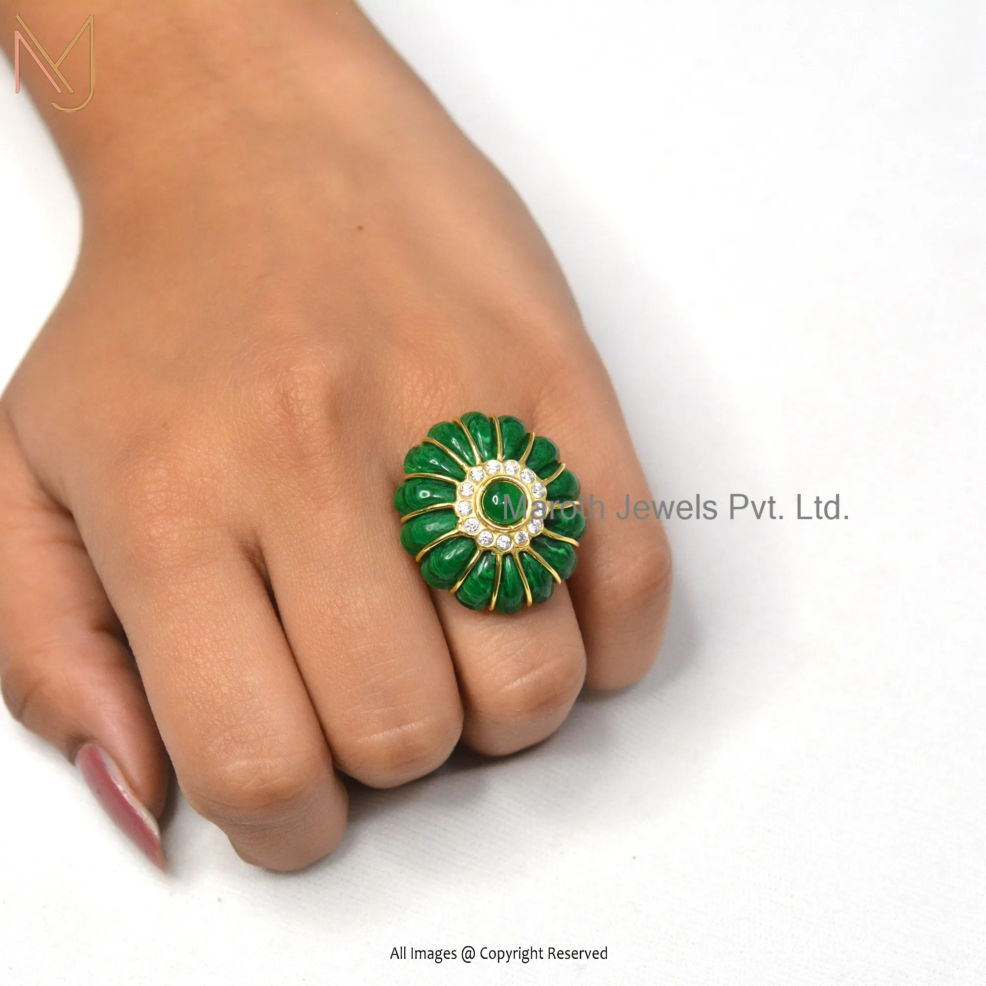 925 Silver Yellow Gold Malachite Green Onyx & CZ Statement Ring Jewelry Supplier