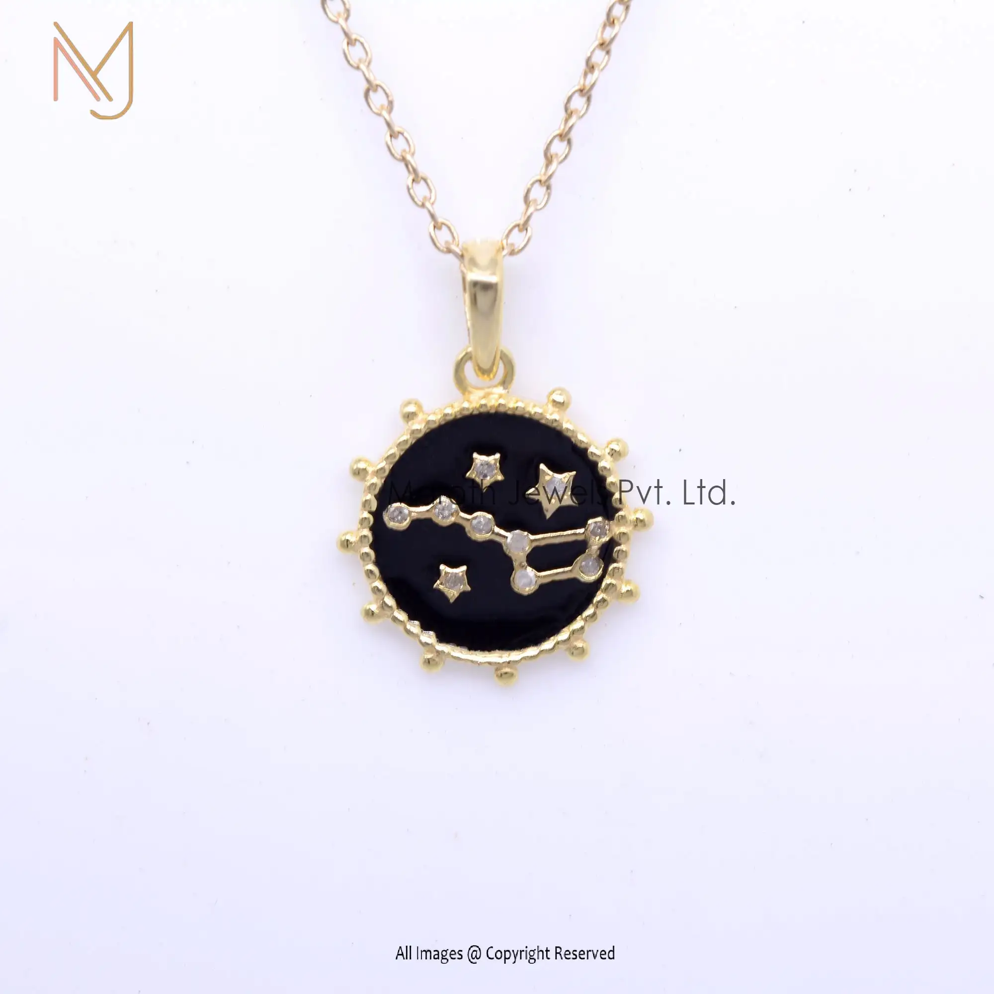 925 Silver Yellow Gold Plated Three Star Black Enamel Pave Diamond Pendant USA