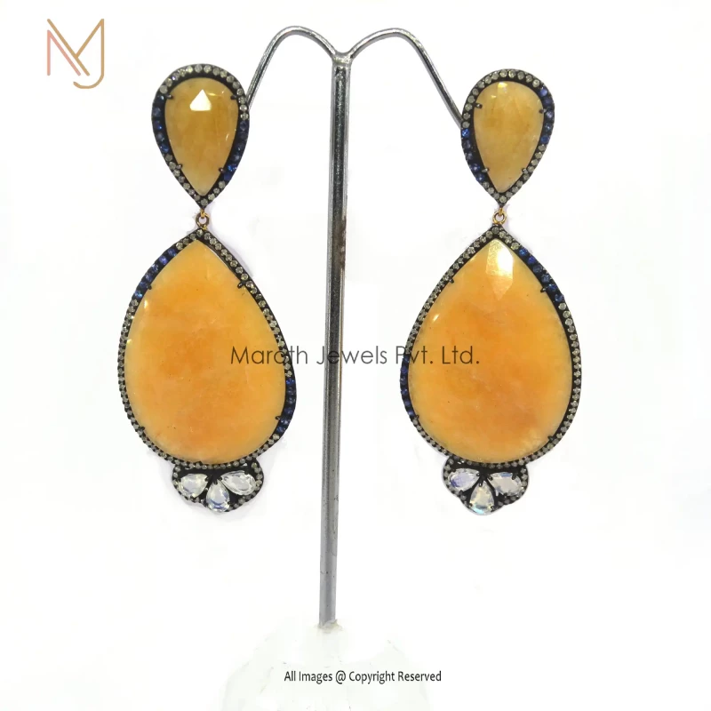 925 Silver Blue Diamond Rainbow Moonstone, Yellow Sapphire Gemstone Earring Jewelry Supplier