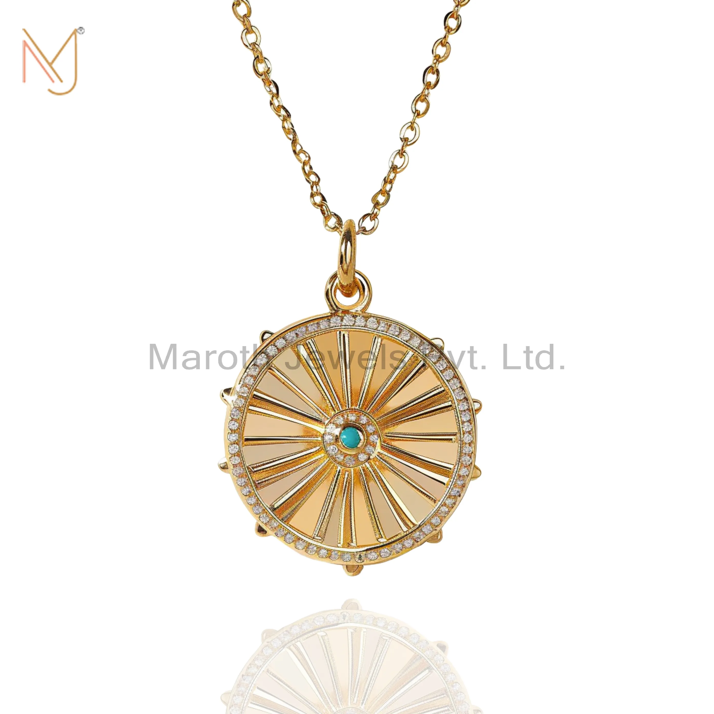 925 Sterling Silver Yellow Gold Plated Turqouise and Moissanite Starburst Pendant Necklace USA