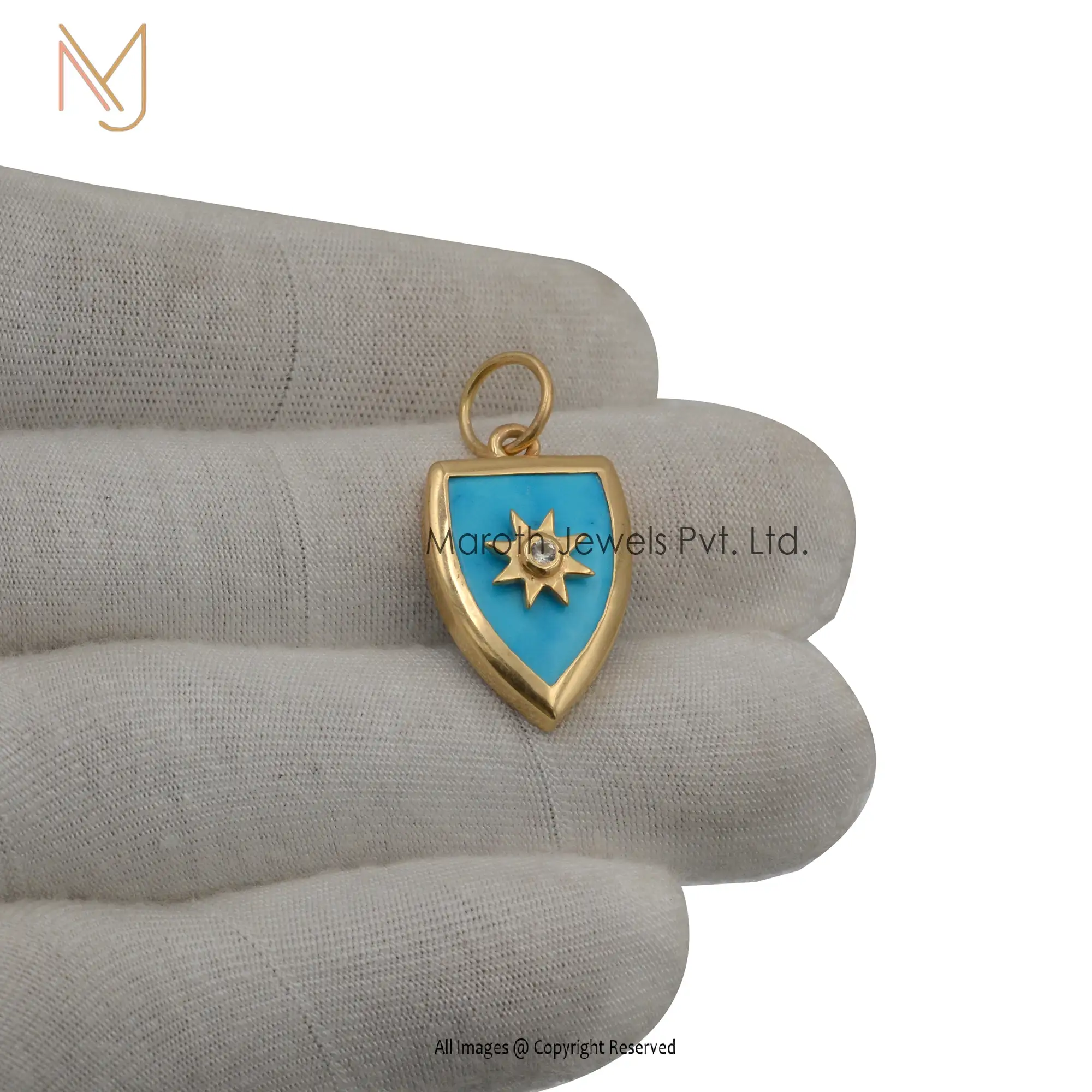 14K Yellow Gold Turquoise & White Topaz Shield Pendant Jewelry Supplier