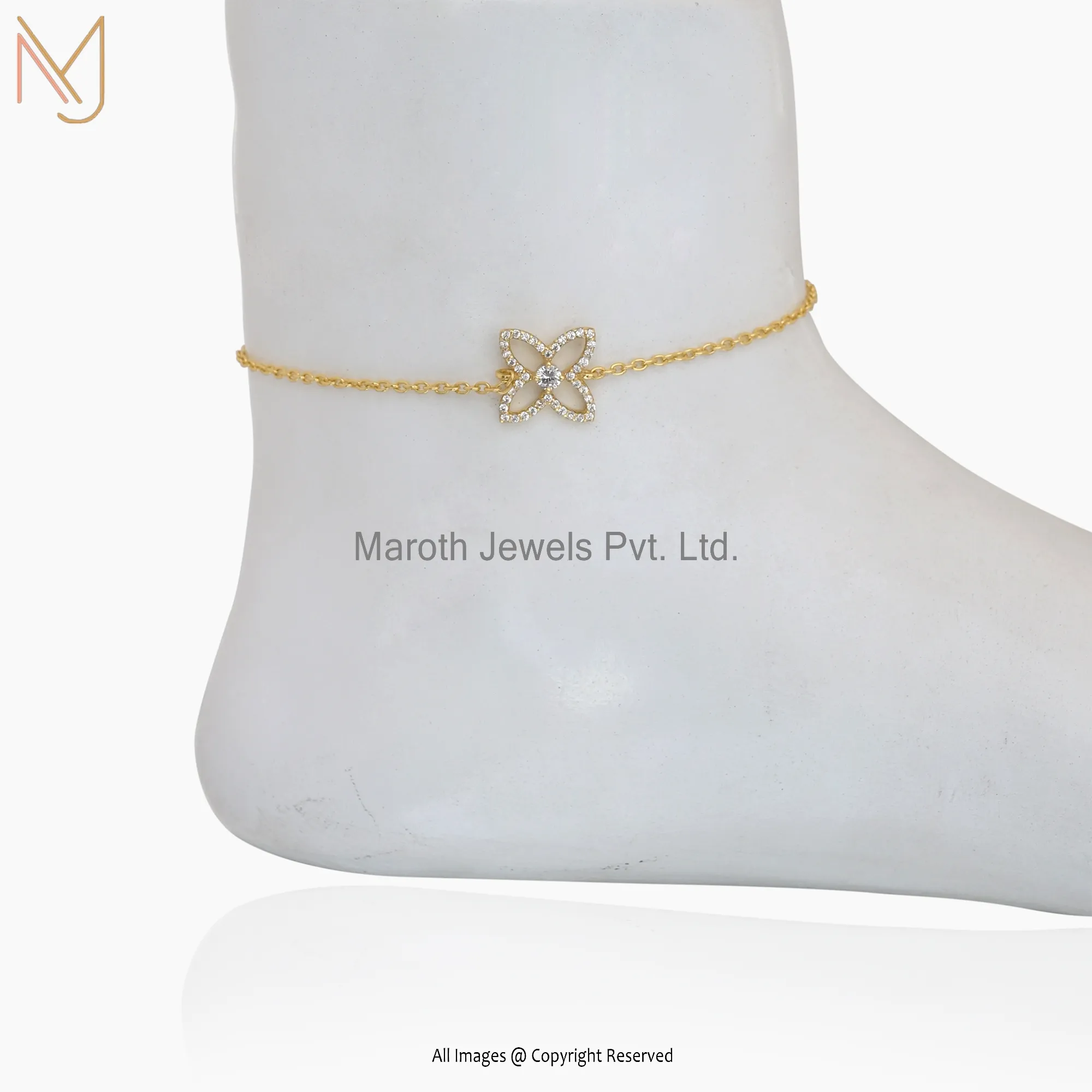 Private Label 14K Yellow Gold White Cubic Zircon Anklet